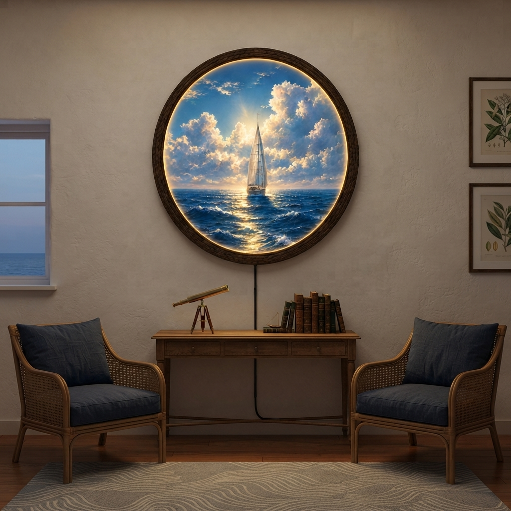 Sailboat Ocean LED Wall Art – Round Nautical Illuminated Wall Decor