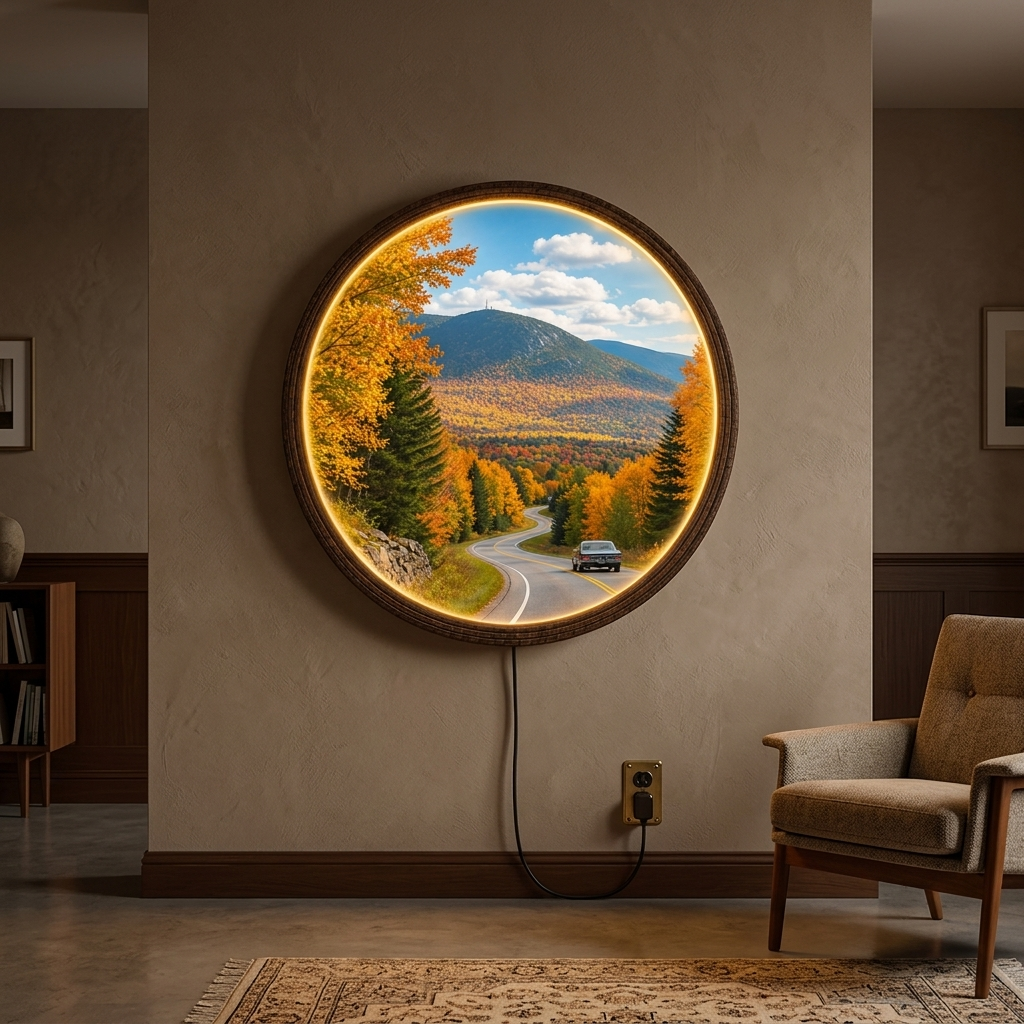 Illuminated Mountain Landscape Wall Art – LED Round Wall Decor