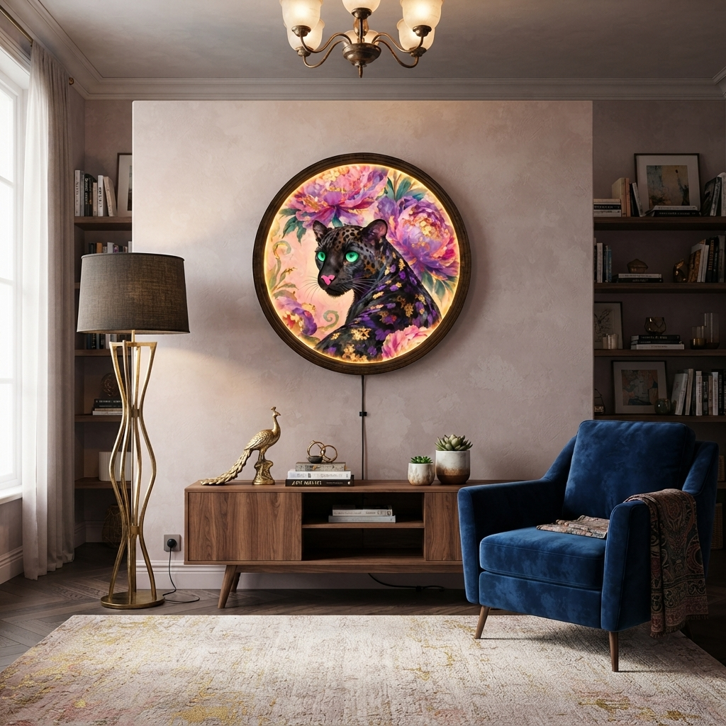 Glowing Golden Leopard LED Wall Art – Round Floral Animal Wall Lamp, Modern Home Decor