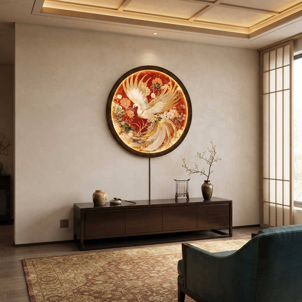 Round LED Phoenix Wall Lamp, Golden Bird Illuminated Wall Art, Oriental Floral Home Decor