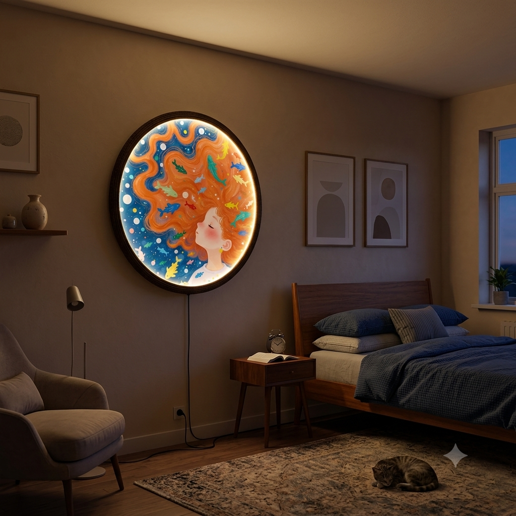 Mermaid Girl LED Wall Art – Round Illuminated Wall Decor