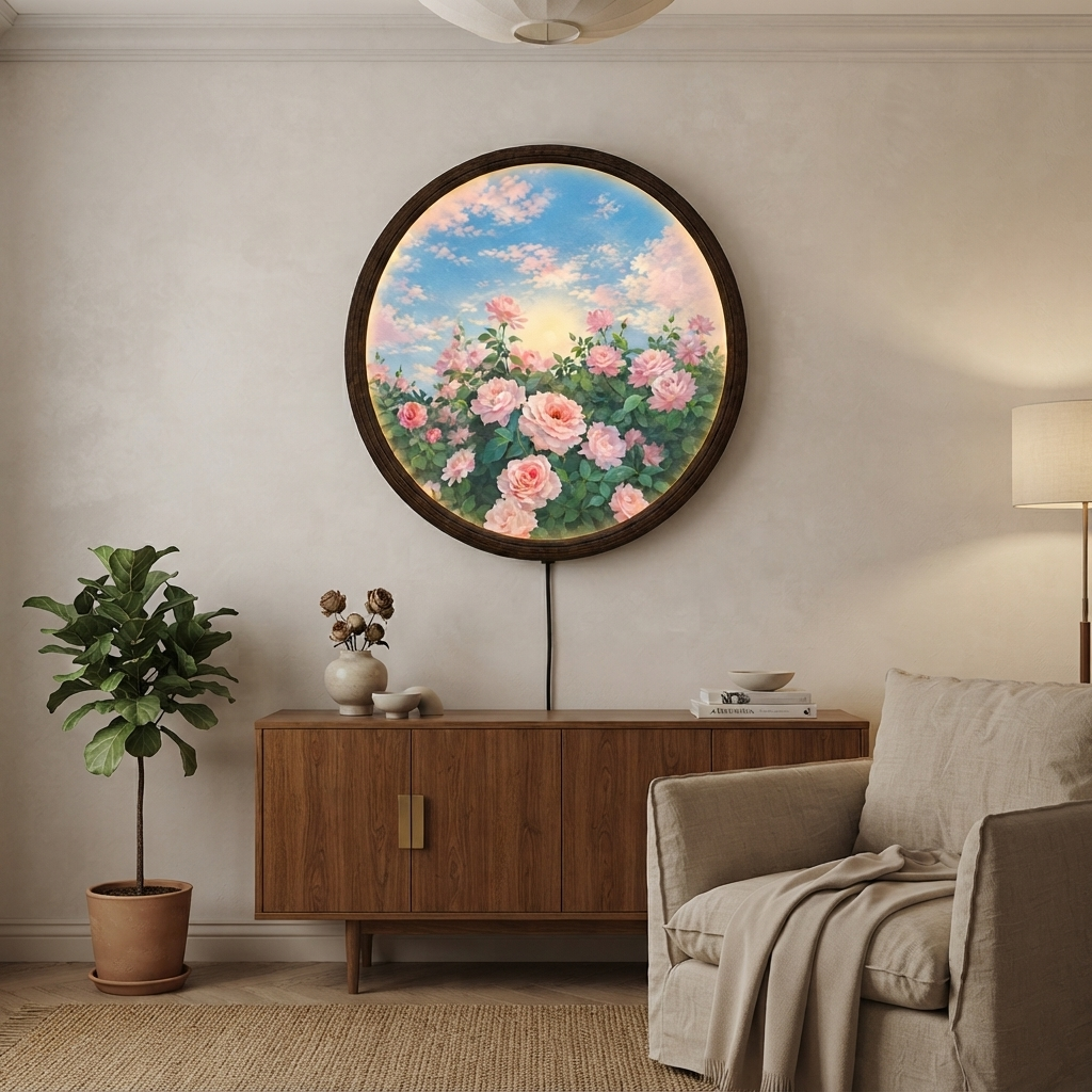 Pink Rose Garden LED Wall Art – Round Illuminated Floral Wall Decor