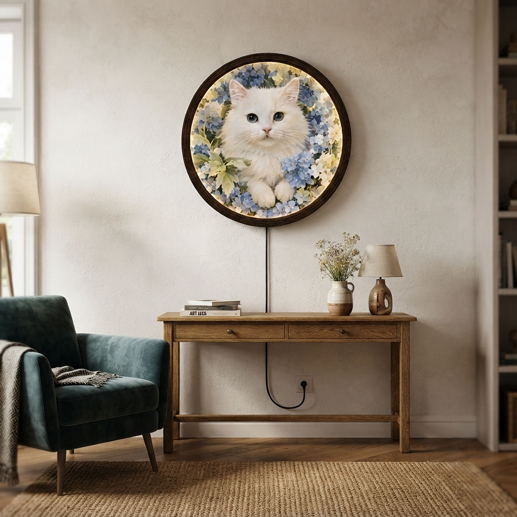 White Cat LED Round Wall Art – Blue Floral Illuminated Home Decor