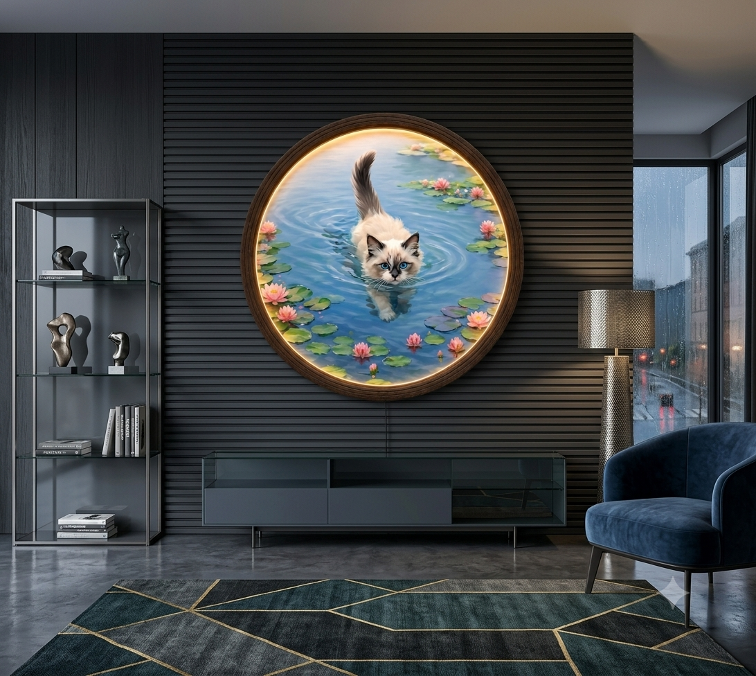 Illuminated Swimming Ragdoll Cat Wall Art - Round LED Lotus Pond Painting Frame