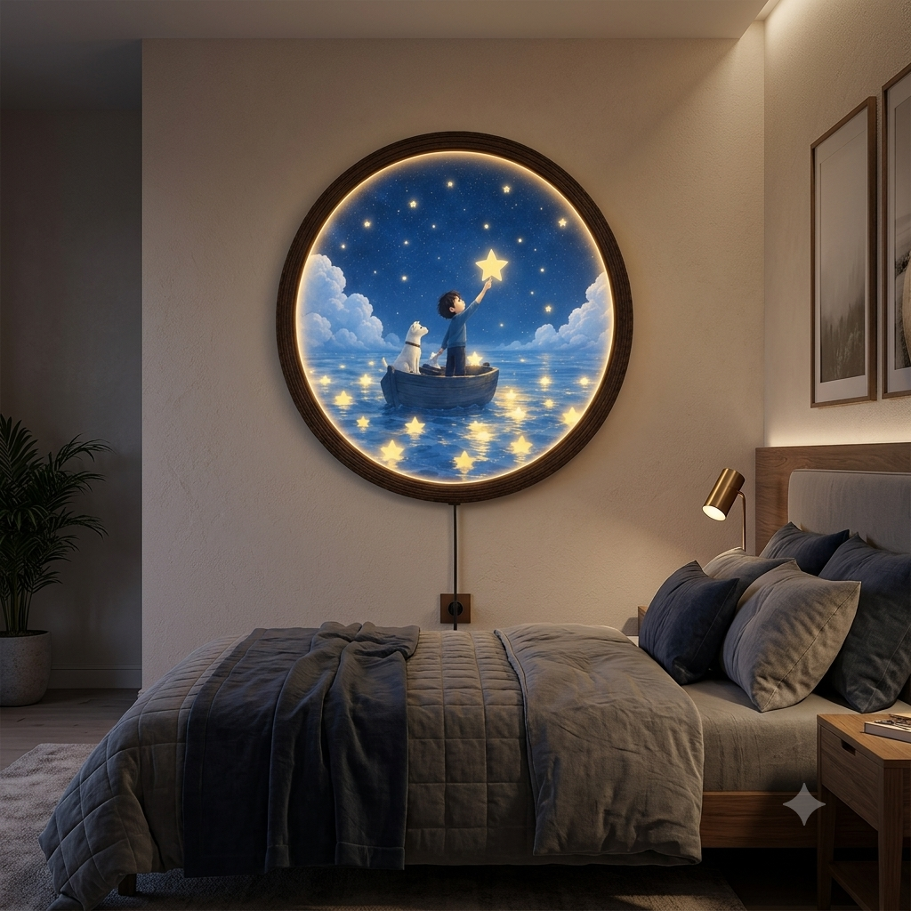 Whimsical Boy & Dog Starry Night LED Wall Art – Round Illuminated Home Decor