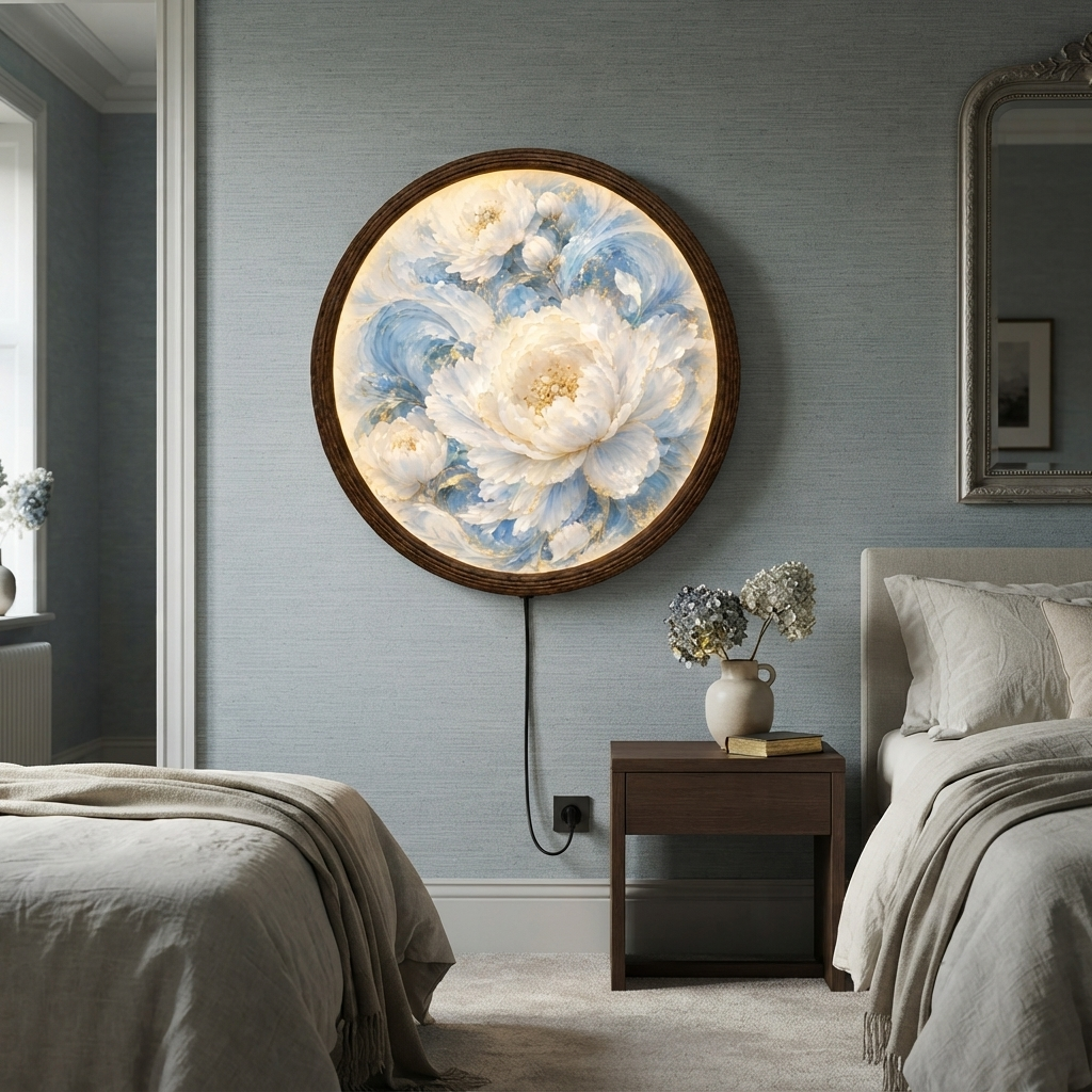Illuminated Floral Wall Art – Blue & White Peony LED Round Wall Decor