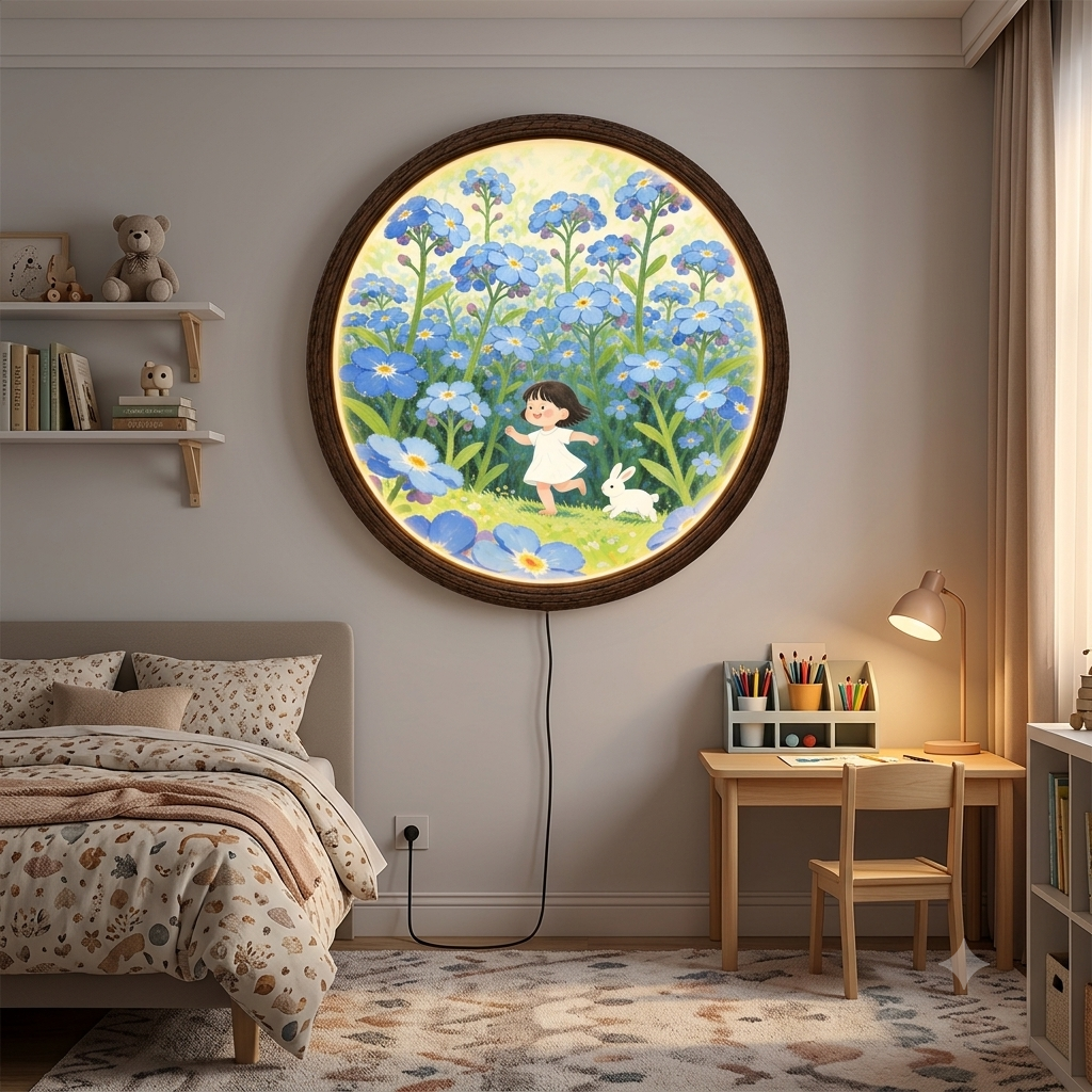 Blue Wildflower Girl & Bunny Round LED Wall Art – Whimsical Illuminated Home Decor