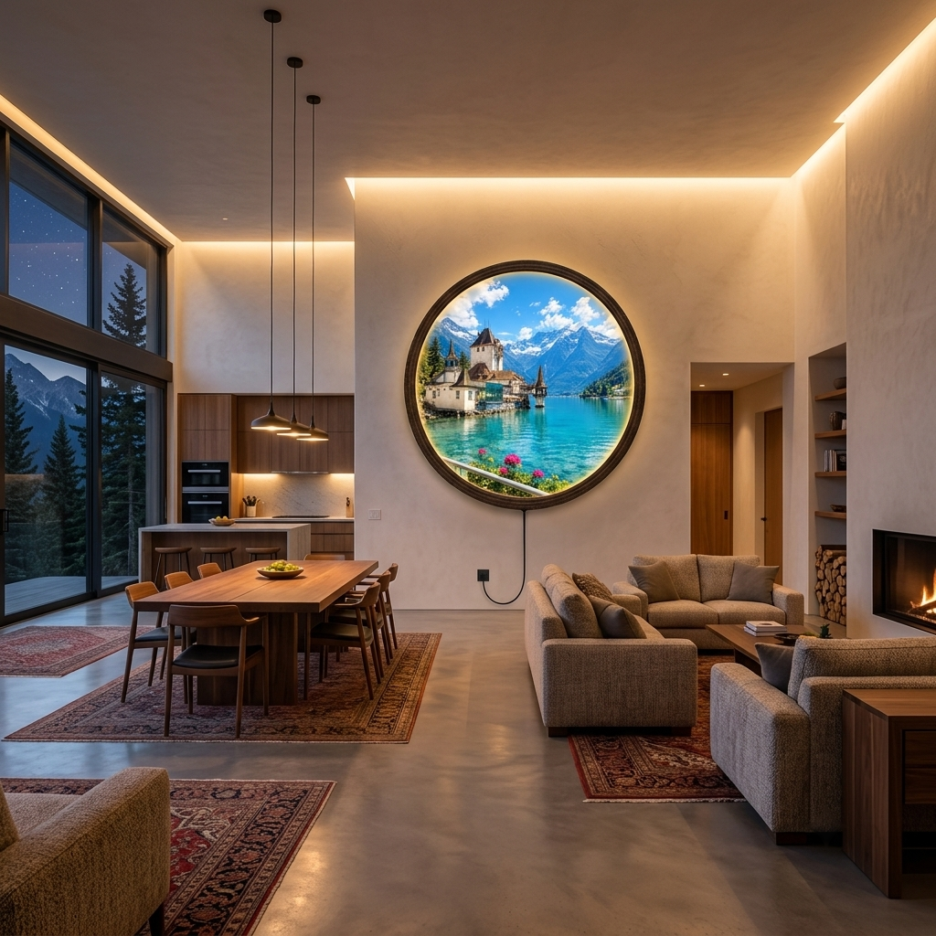 Illuminated Alpine Lake Round Wall Art – LED Lighted Mountain Landscape Decor