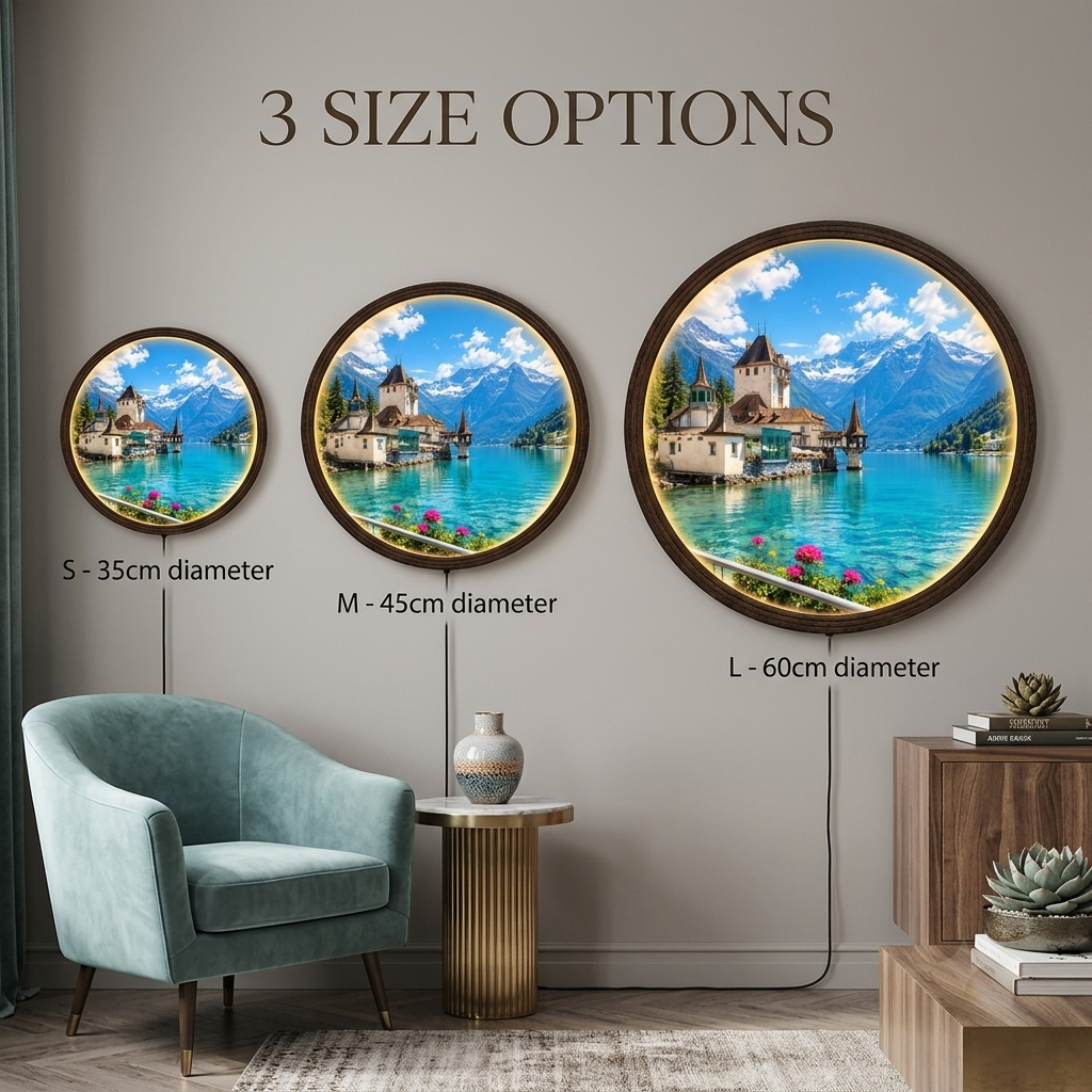 Illuminated Alpine Lake Round Wall Art – LED Lighted Mountain Landscape Decor