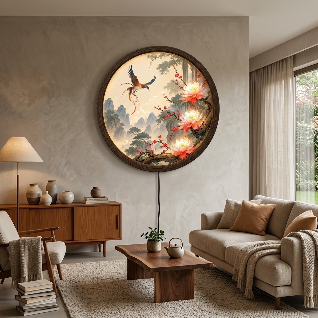 Illuminated Phoenix & Peony Round Wall Art – Oriental Landscape LED Light Box Wall Decor