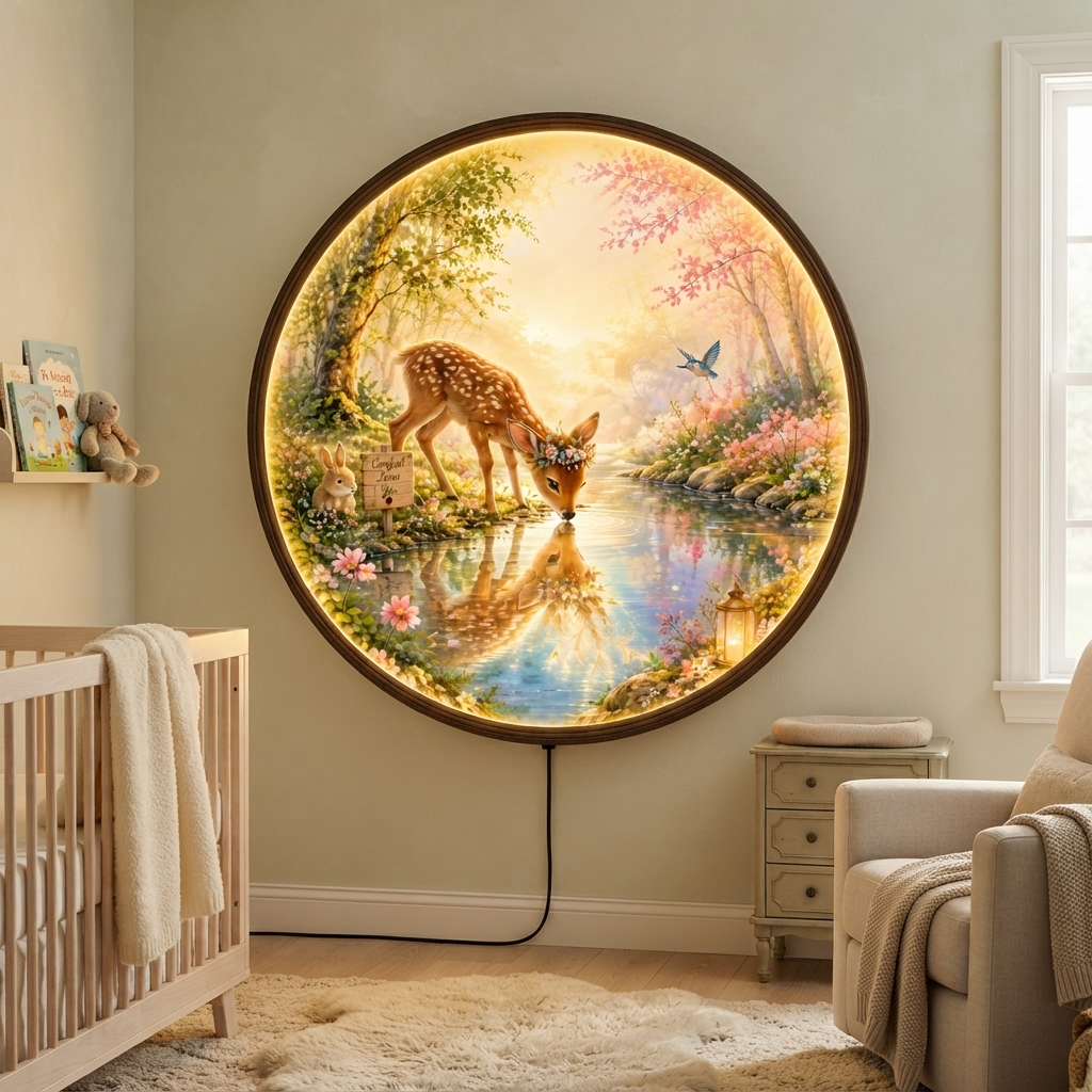 Deer by the Stream LED Wall Art – Round Illuminated Nature Wall Decor
