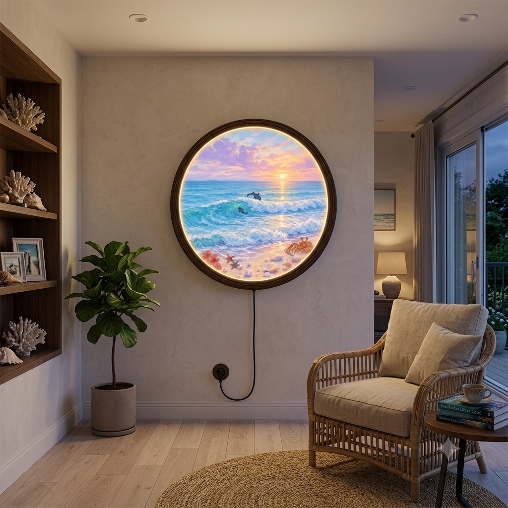 Coastal Sunset LED Wall Art – Round Ocean Wall Decor with Dolphins & Sea Life