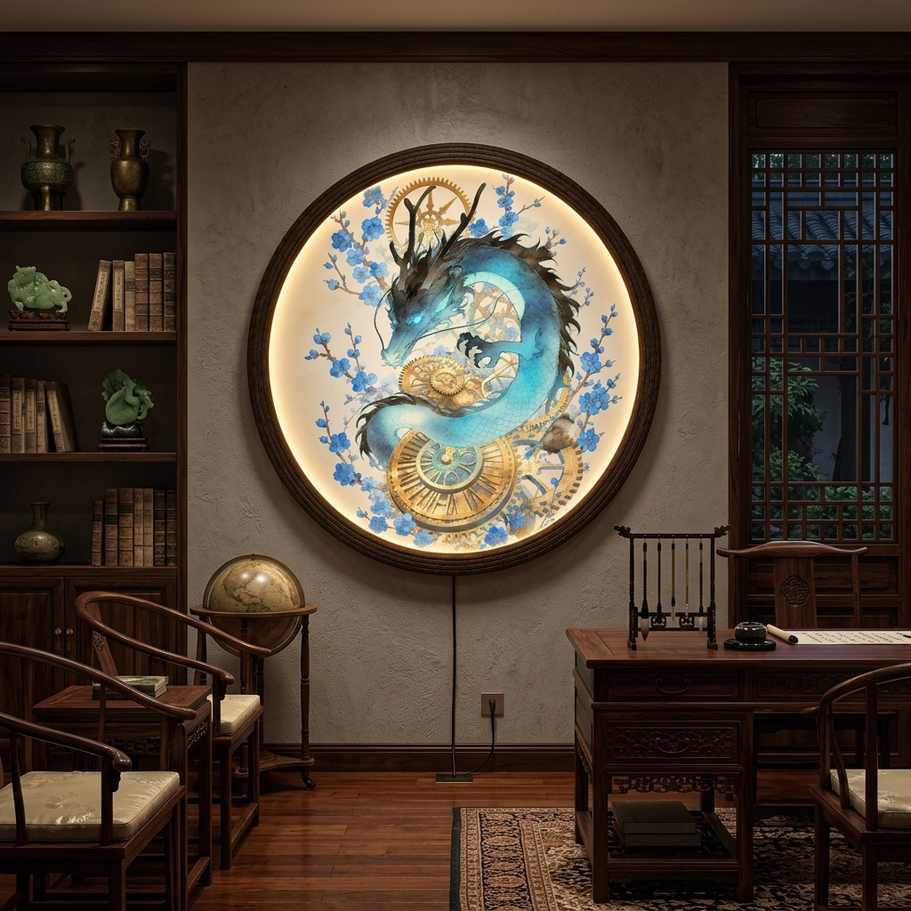 Blue Dragon LED Wall Light, Steampunk Gear Round Wall Art, Japanese Cherry Blossom Wall Decor, Modern Fantasy Home Lighting