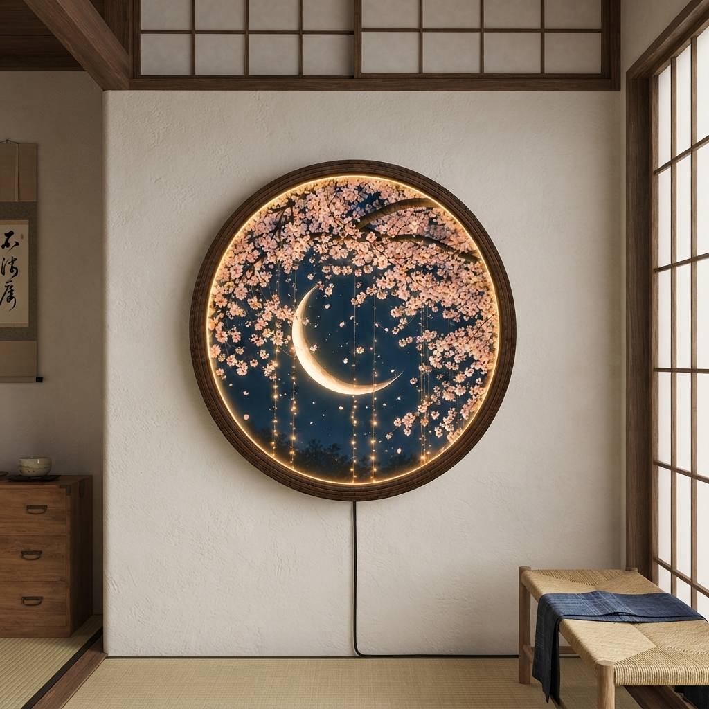 Illuminated Cherry Blossom Moon Wall Art – Round LED Lighted Wall Decor