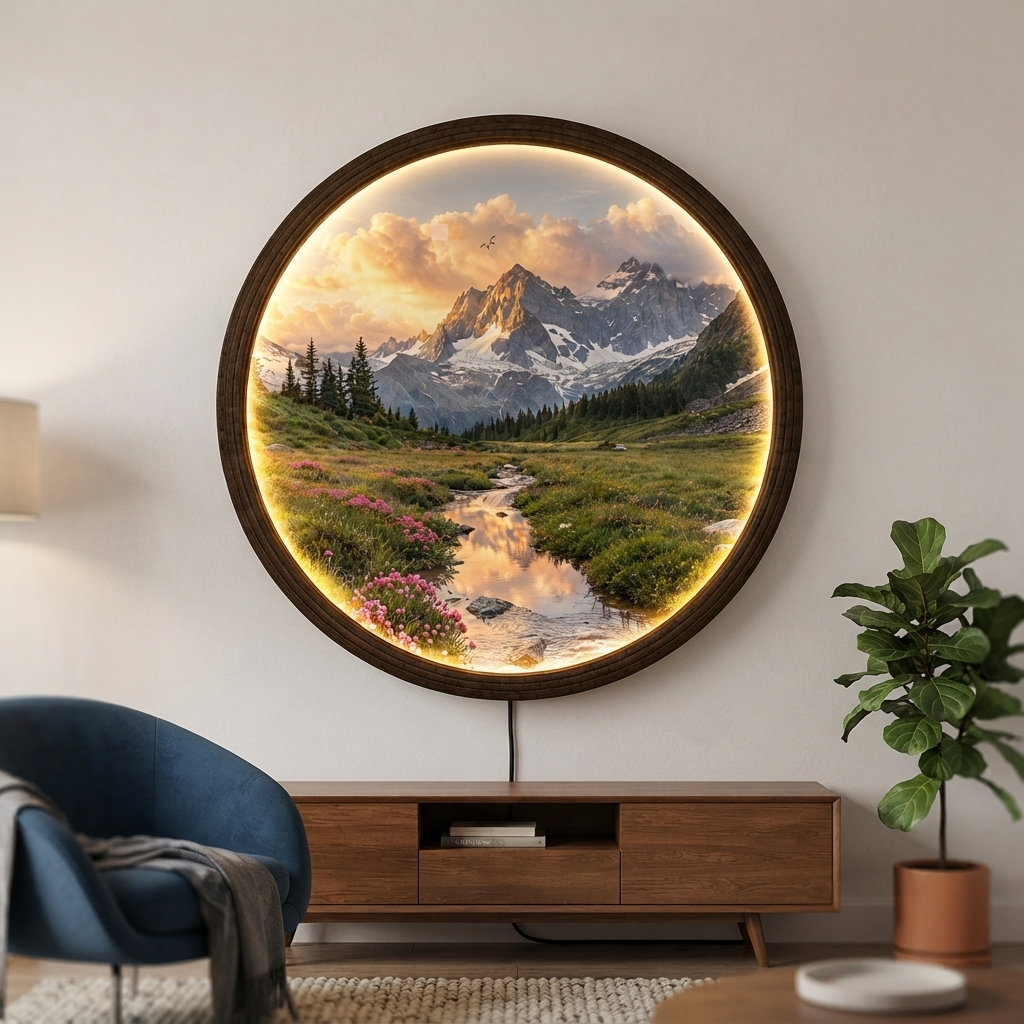 Mountain Landscape LED Wall Art – Round Illuminated Nature Wall Decor