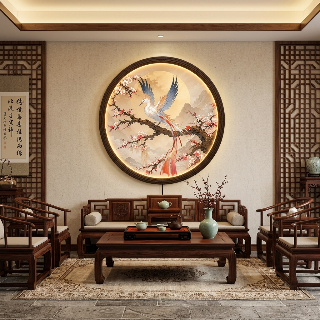 Luminous Phoenix & Cherry Blossom LED Round Wall Art – Oriental Illuminated Home Decor