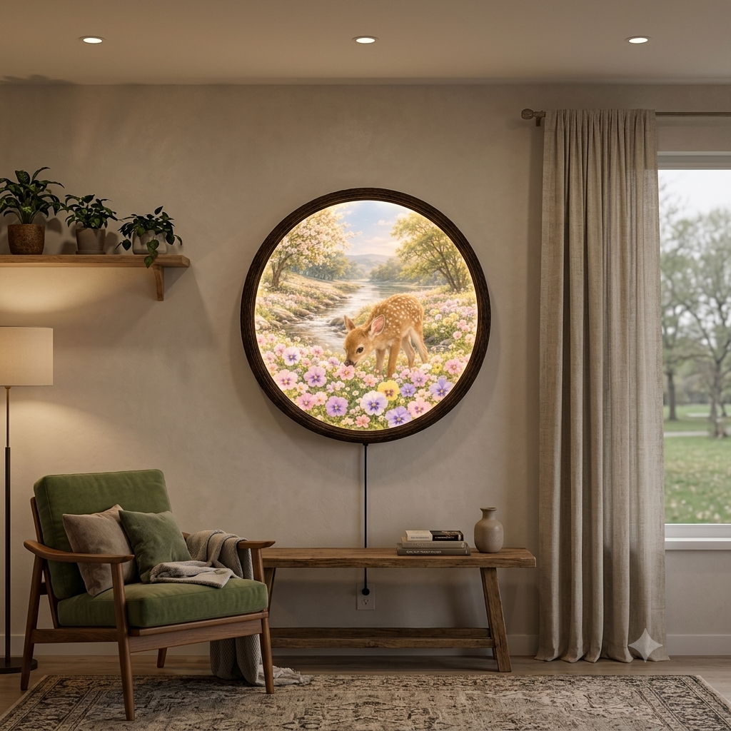Enchanted Deer & Wildflower LED Wall Art – Round Nature-Inspired Home Decor