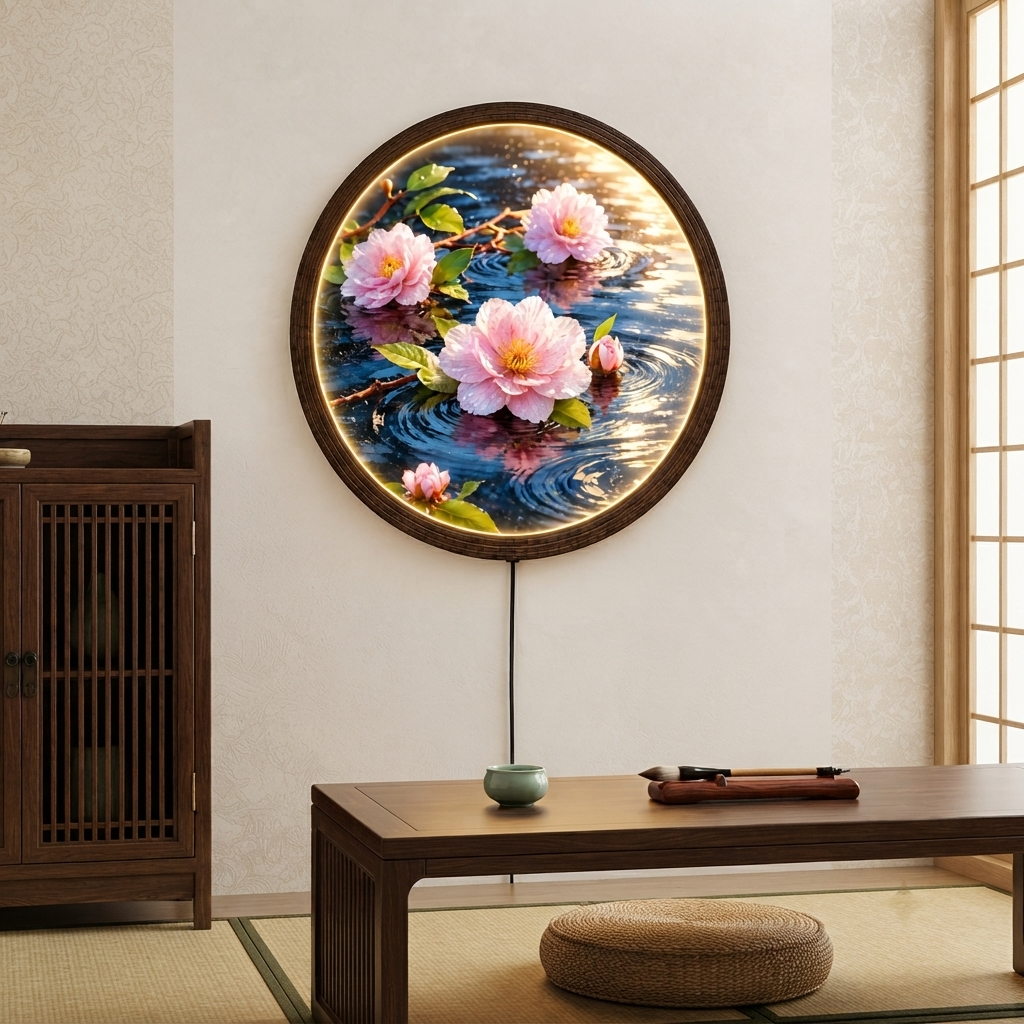 Illuminated Lotus Pond Wall Art – Round LED Wall Decor with Wooden Frame