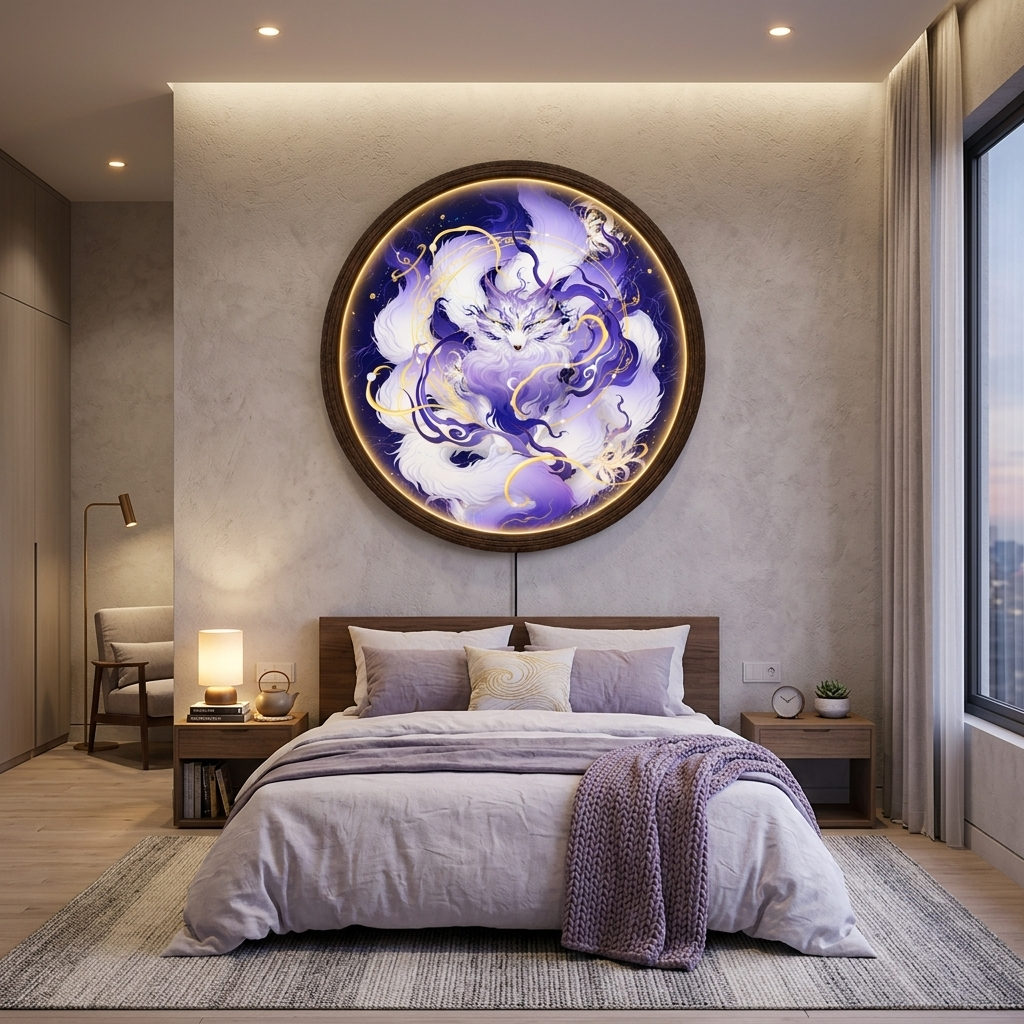 Japanese Nine-Tailed Kitsune Fox LED Wall Art Light – Glowing Mystical Round Wall Decor