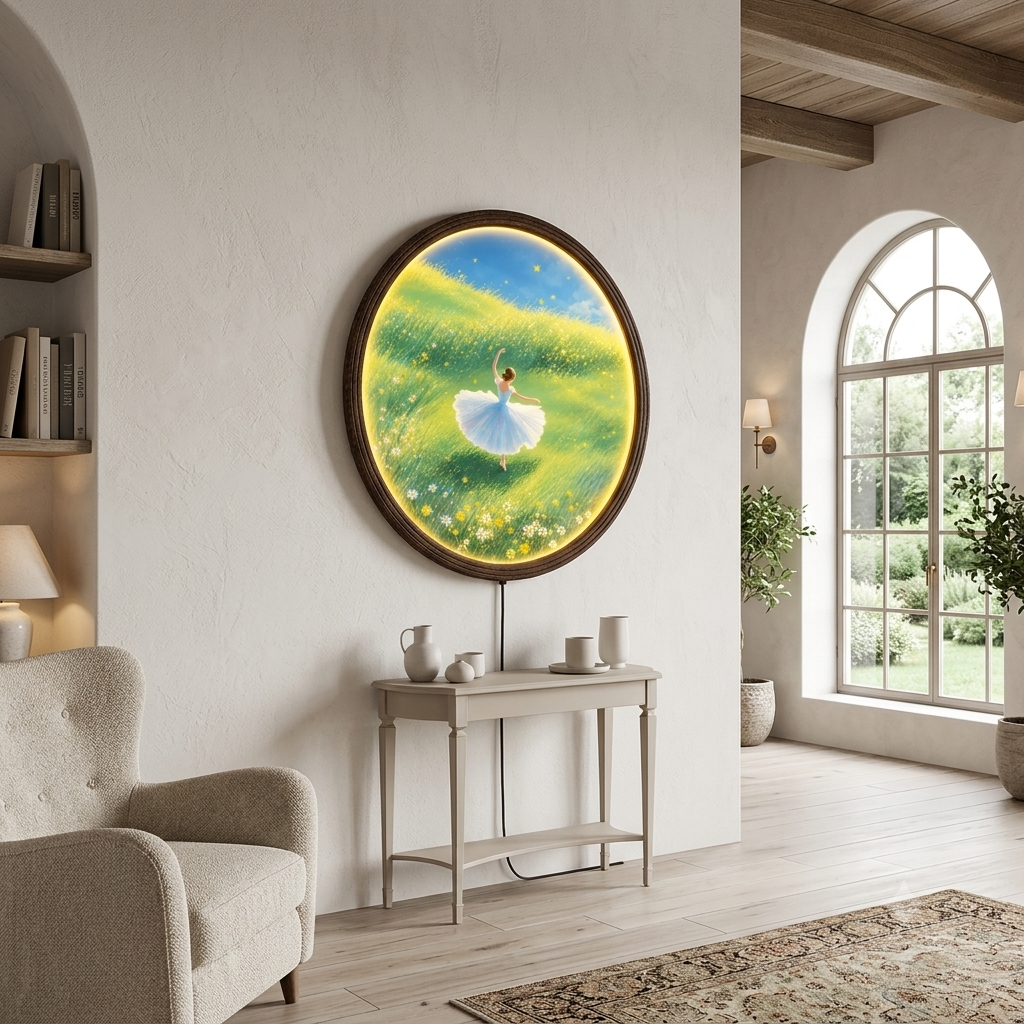 Whimsical Ballerina Meadow LED Wall Art – Round Illuminated Wall Decor