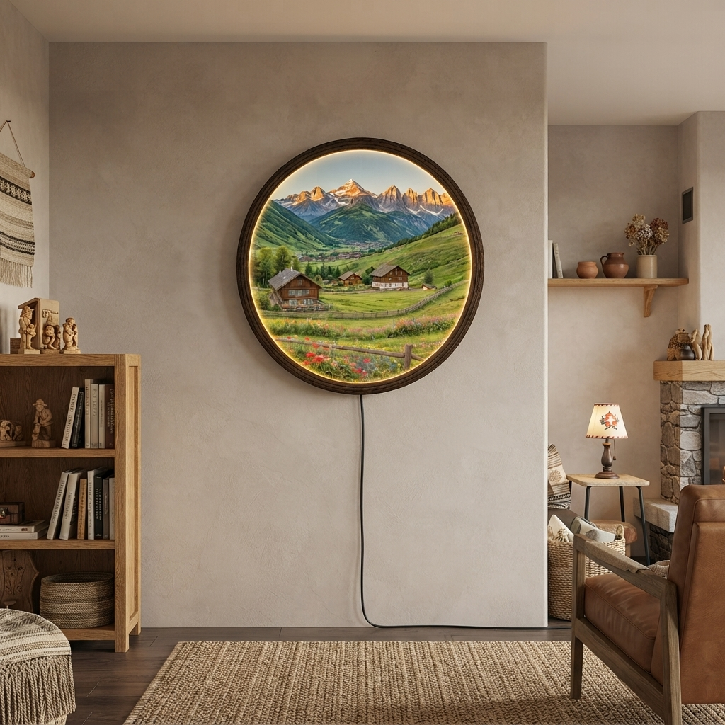 Mountain Village Landscape Round LED Wall Art – Rustic Alpine Home Decor
