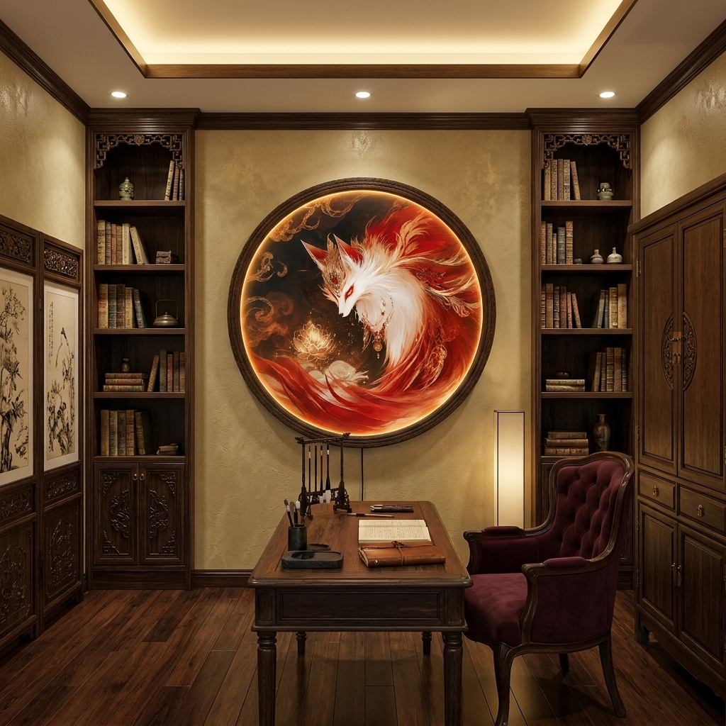 Glowing Kitsune LED Wall Art, Japanese Fantasy Round Lighted Wall Decor, Wooden Frame Illuminated Picture for Home Decor