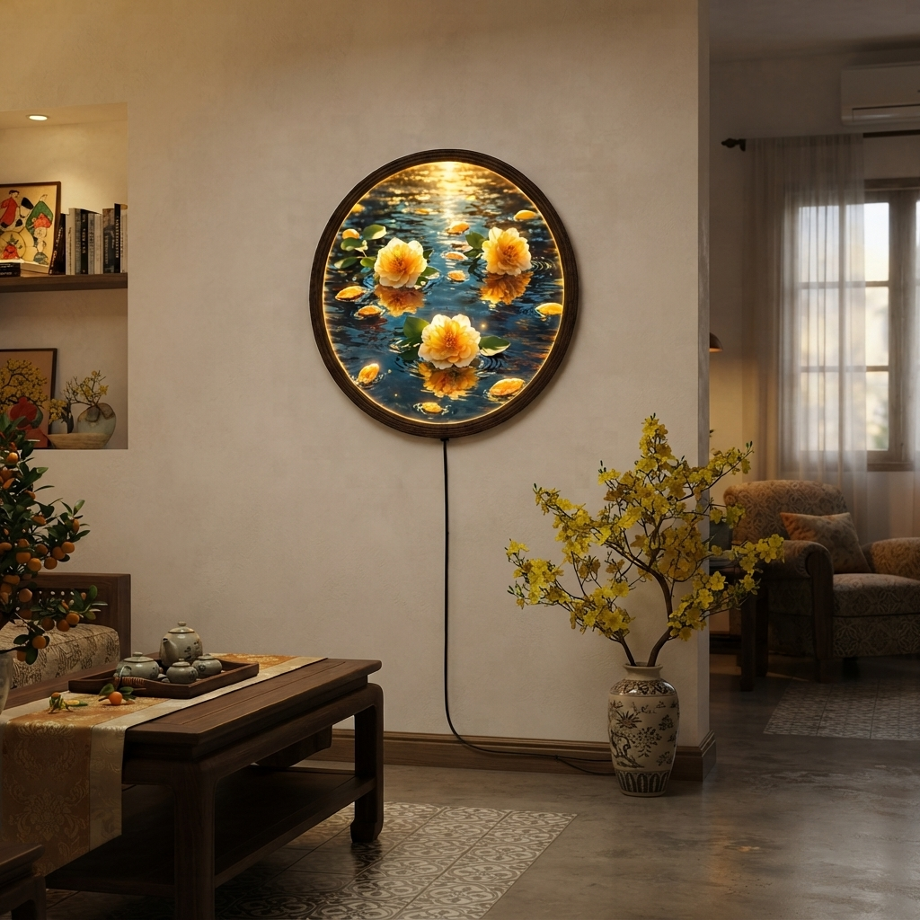 Luminous Lotus Water LED Wall Art Lamp – Round Wooden Frame Home Decor