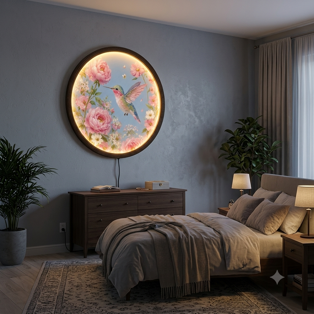 Floral Hummingbird LED Wall Art – Round Lighted Botanical Home Decor