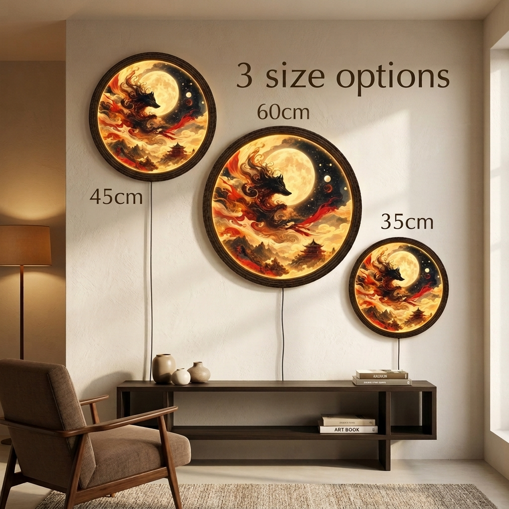 Mystical Nine-Tailed Fox Under Full Moon LED Wall Light – Illuminated Japanese Kitsune Round Wall Art Decor