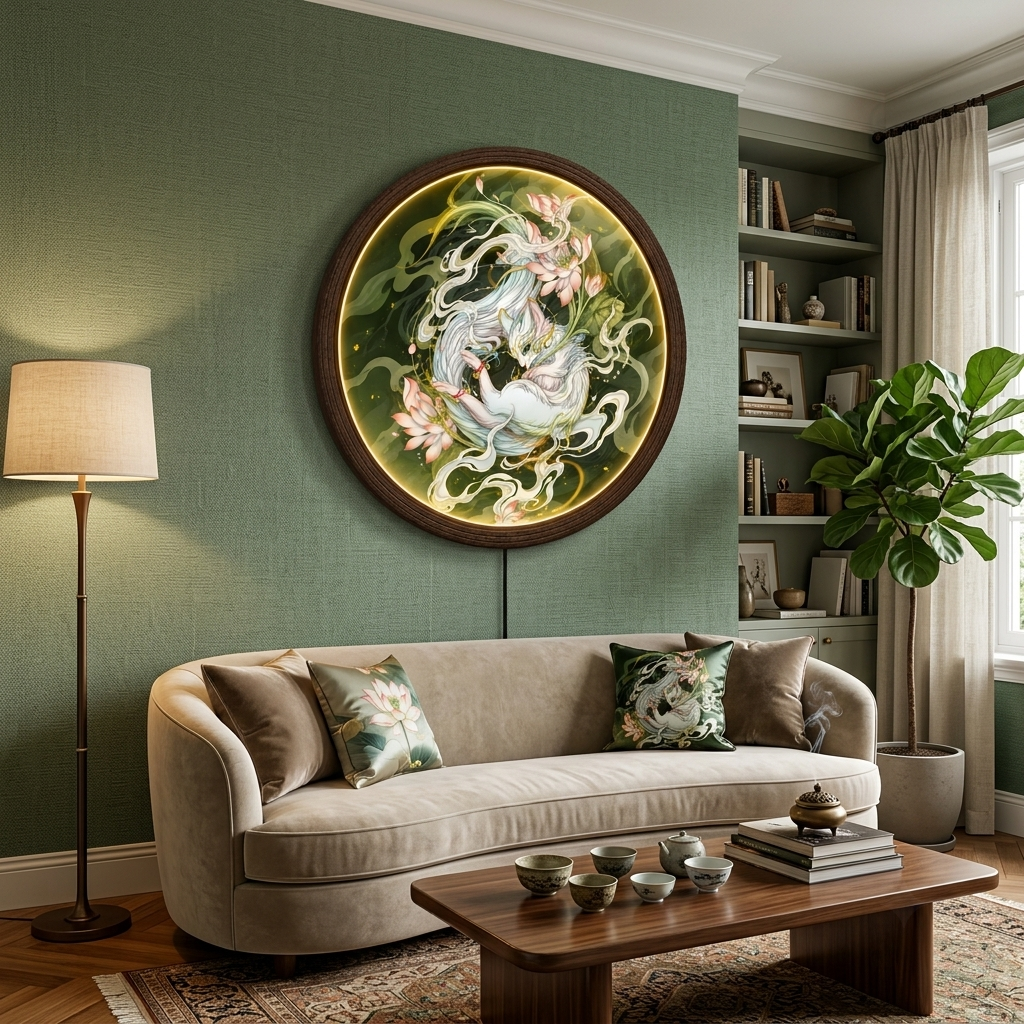 Illuminated Japanese Kitsune Nine-Tailed Fox & Lotus LED Round Wall Art | Mystical Light-Up Home Decor