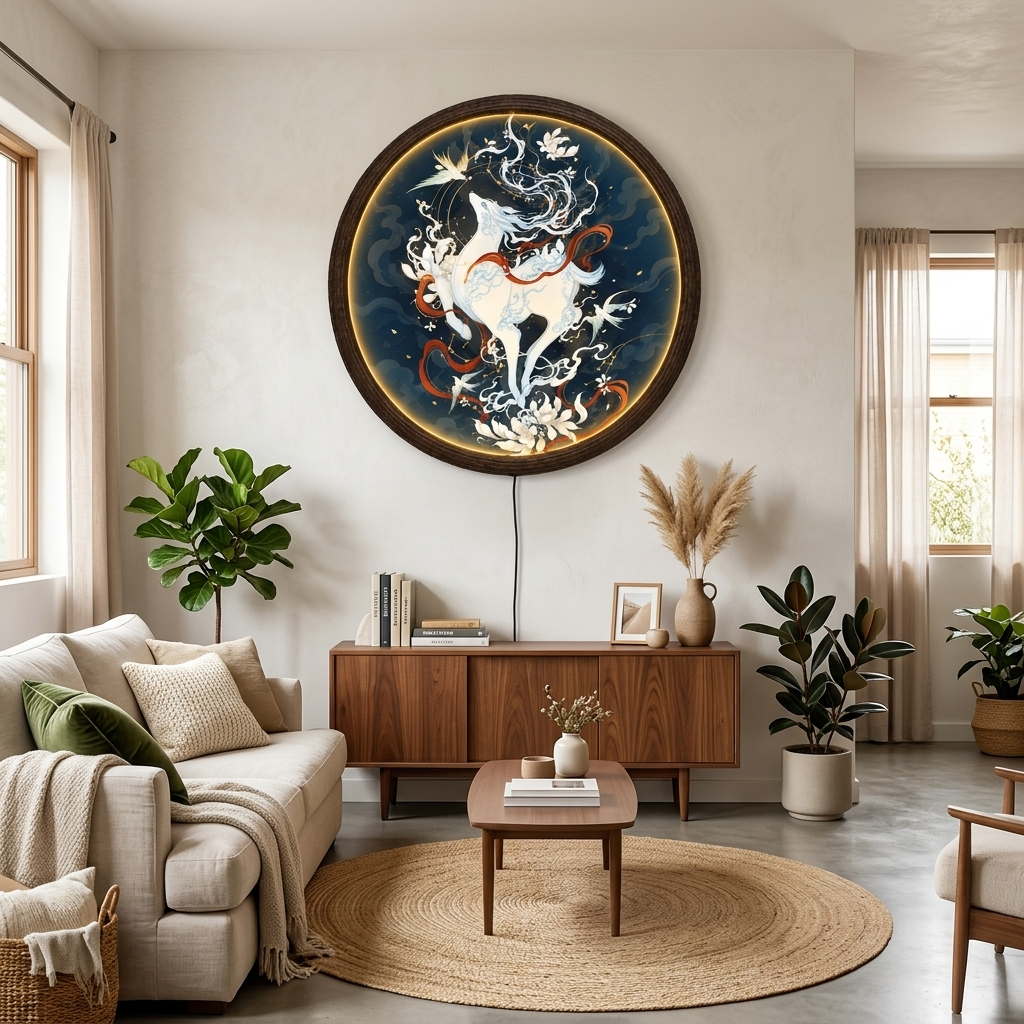 Luminous Mystical White Stag LED Wall Art – Illuminated Round Deer
