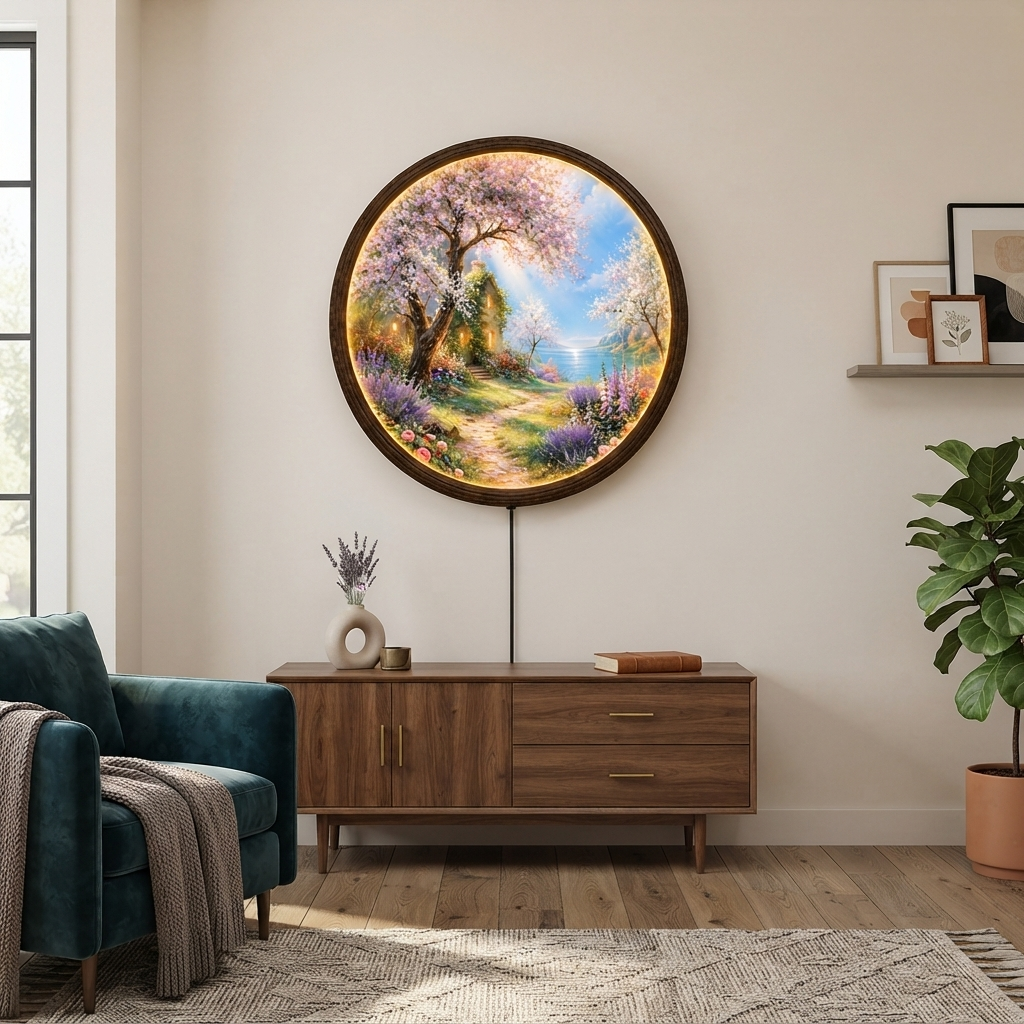 Illuminated Round Blossom Garden Wall Art – LED Lighted Floral Landscape Decor