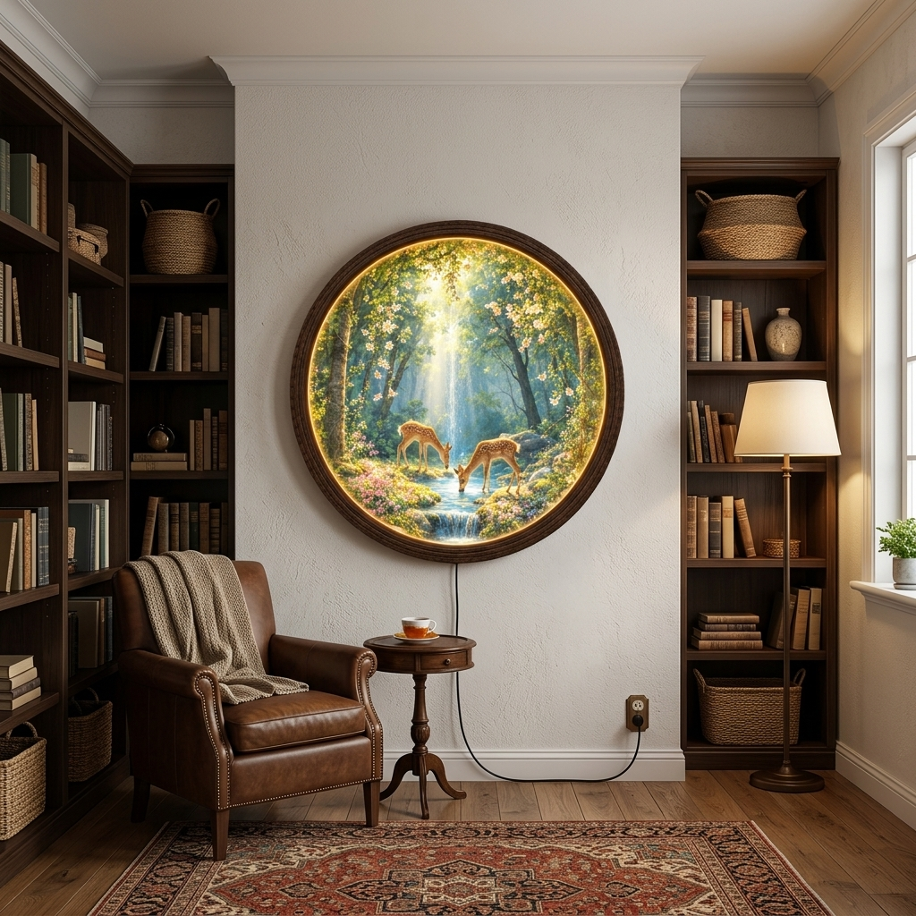 Enchanted Forest Deer LED Wall Art – Round Illuminated Nature Home Decor
