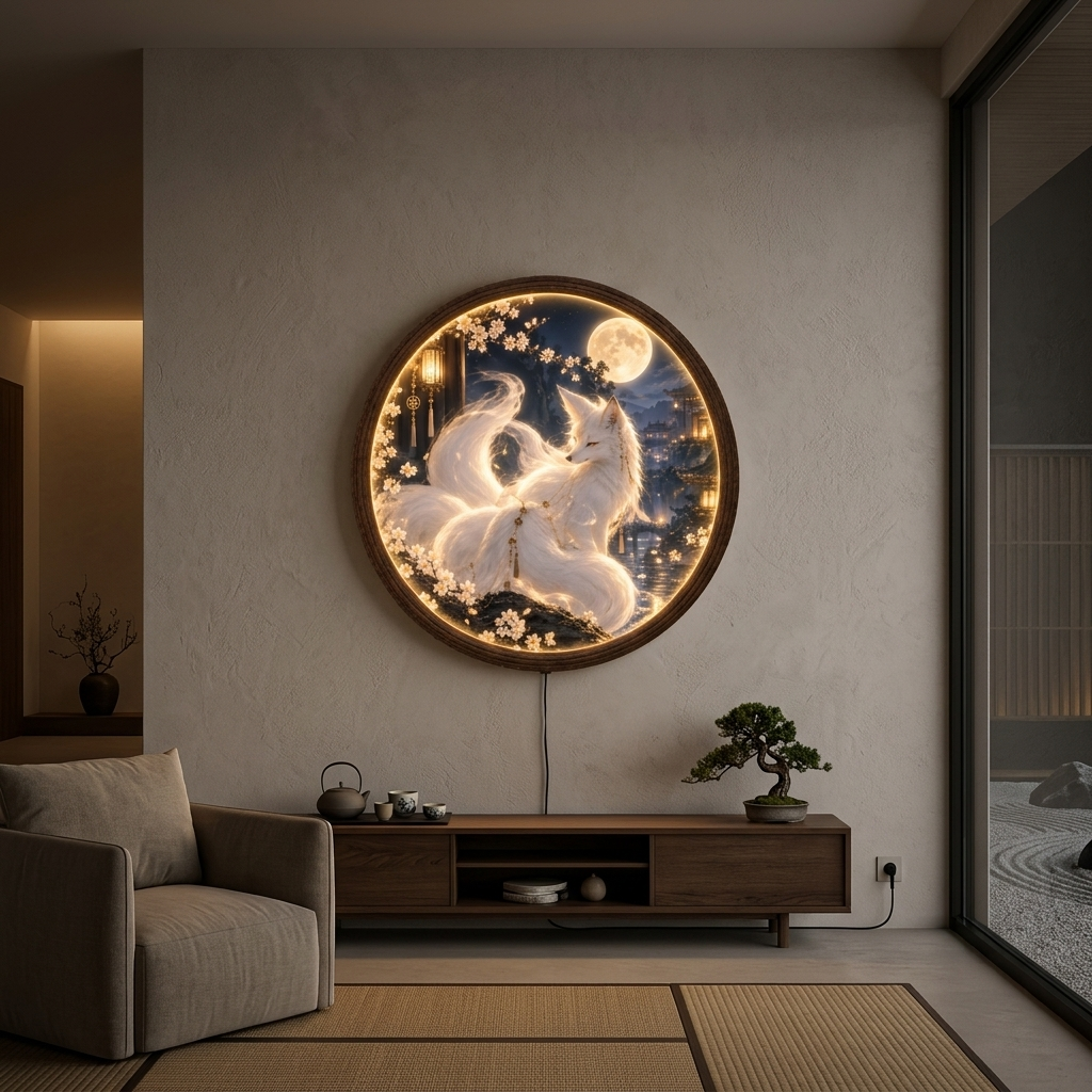 Moonlit Kitsune LED Wall Art – Illuminated Japanese Fox Wall Decor