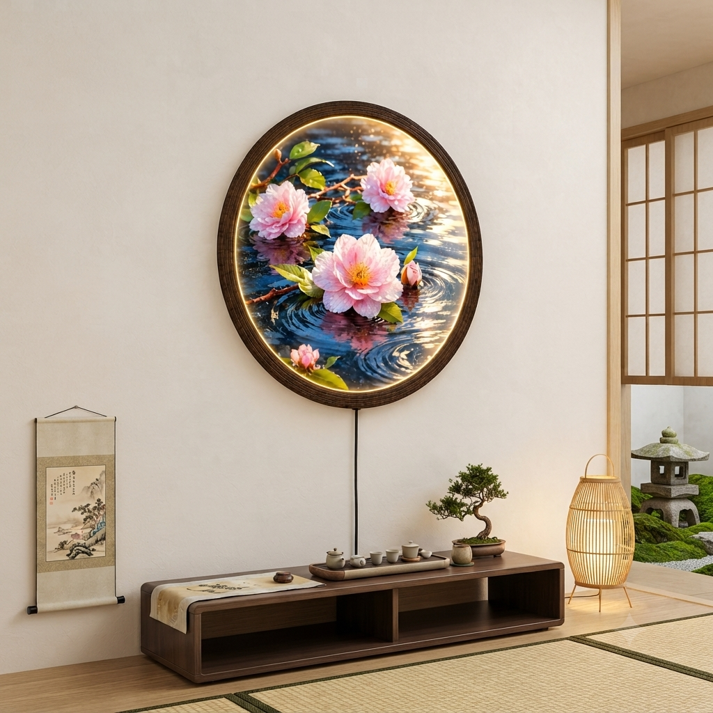 Illuminated Lotus Pond Wall Art – Round LED Wall Decor with Wooden Frame