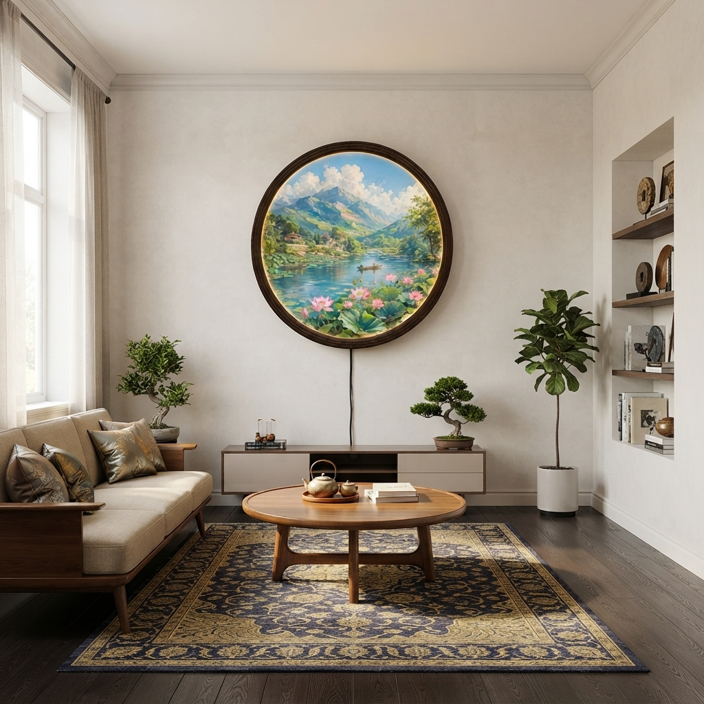 Round LED Wall Art with Mountain & Lotus Landscape – Illuminated Home Decor