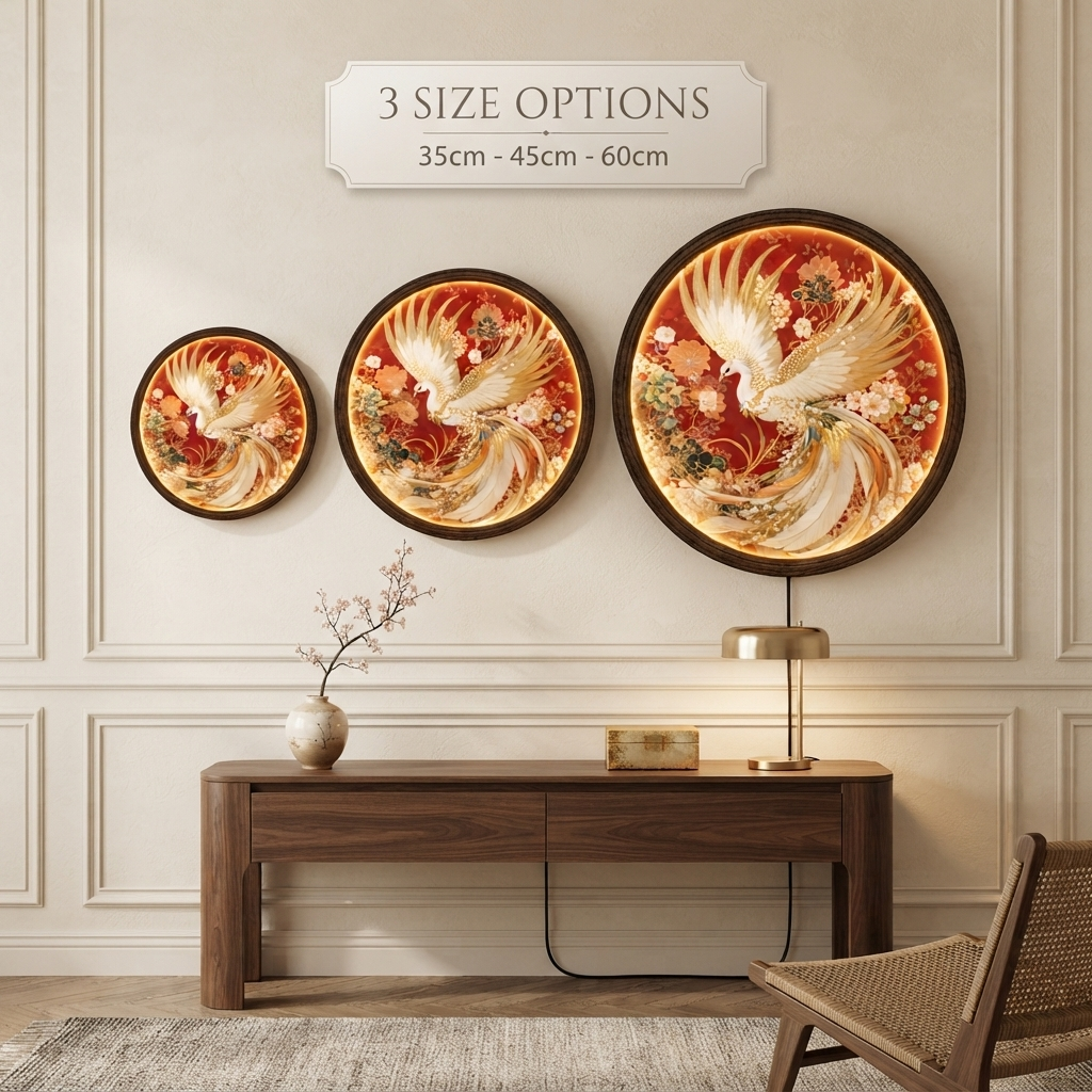 Round LED Phoenix Wall Lamp, Golden Bird Illuminated Wall Art, Oriental Floral Home Decor