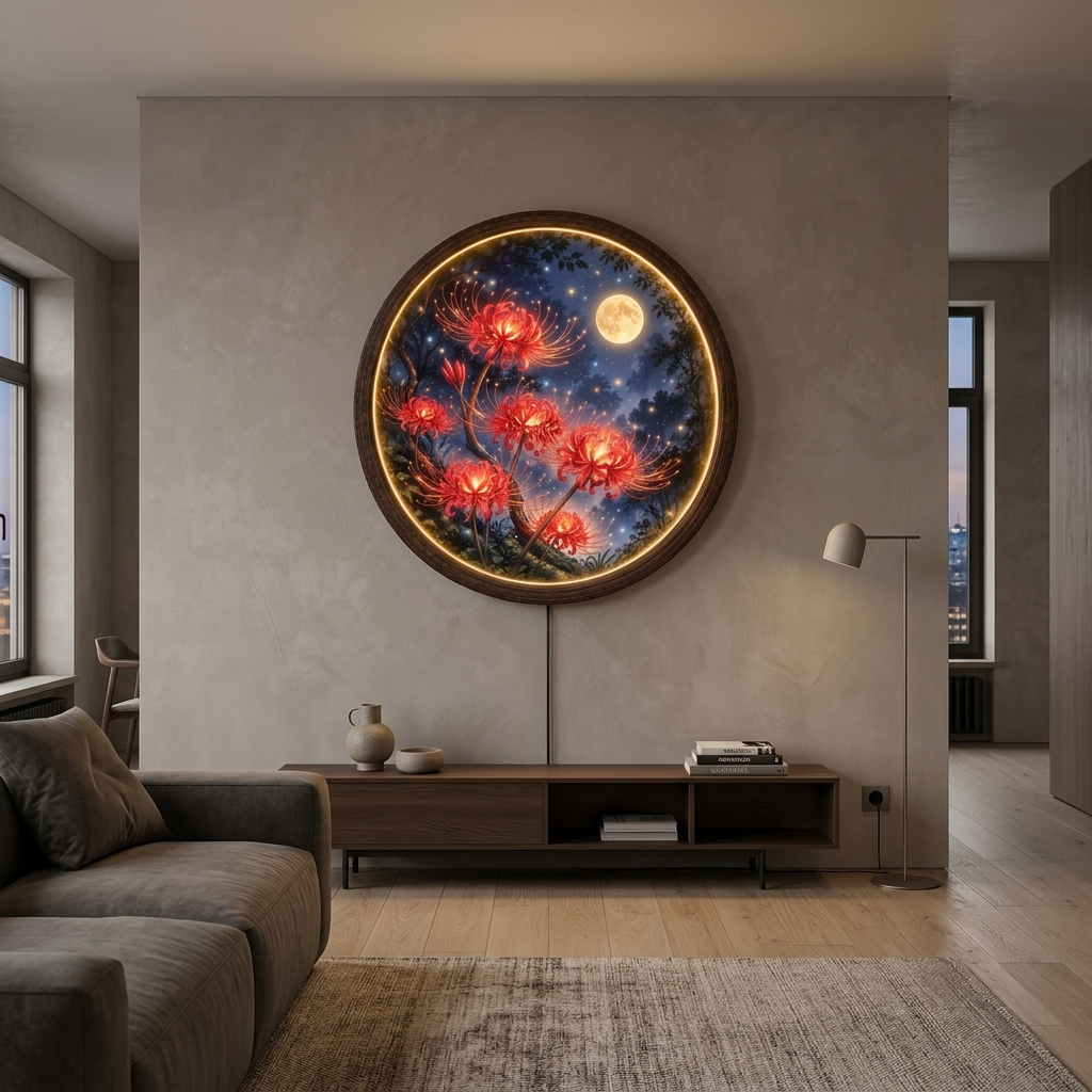 Round LED Wall Art with Red Spider Lilies and Moon – Japanese-Inspired Illuminated Wall Decor