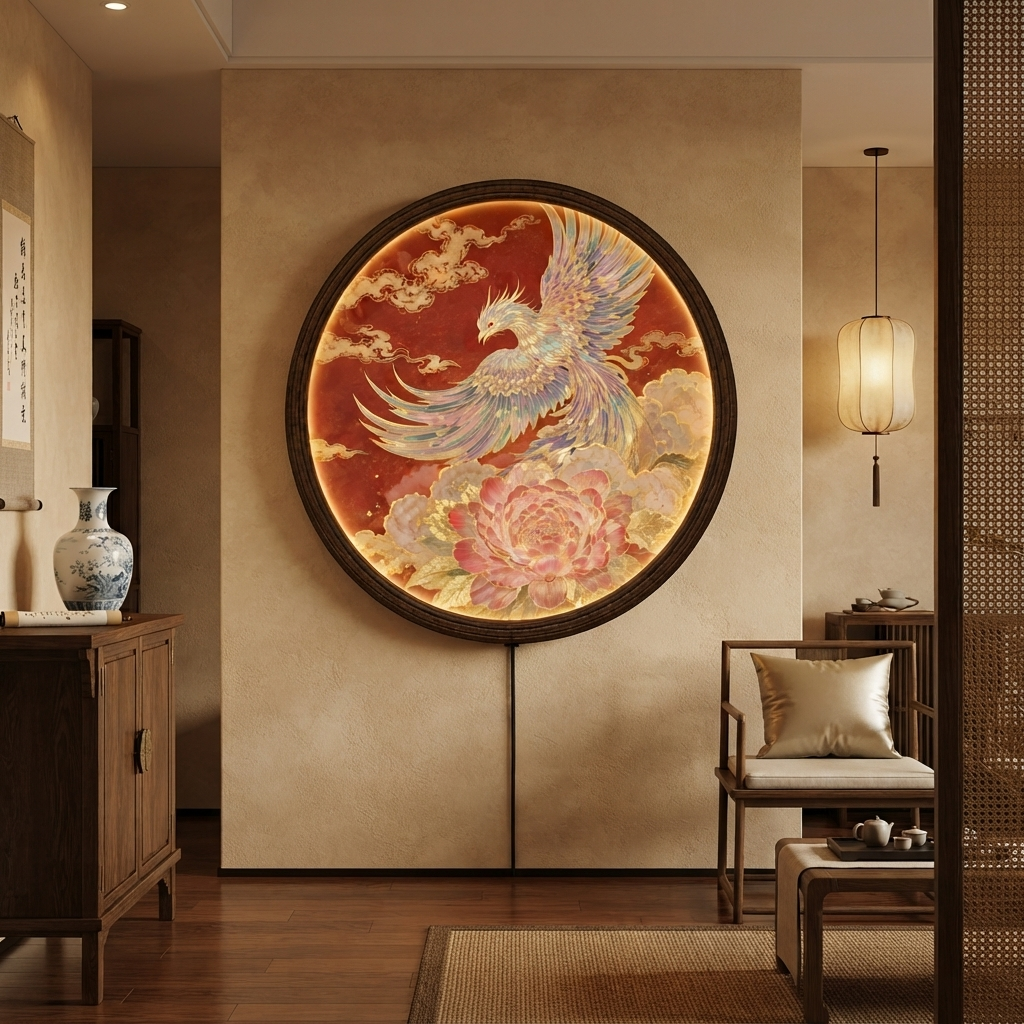Round Phoenix LED Wall Lamp with Peony Floral Art, Oriental Luxury Illuminated Wall Decor