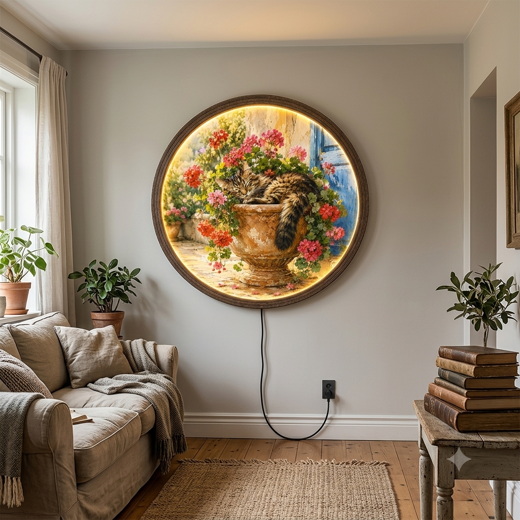 Sleeping Cat in Flower Pot Round LED Wall Art | Rustic Garden Canvas Framed Light