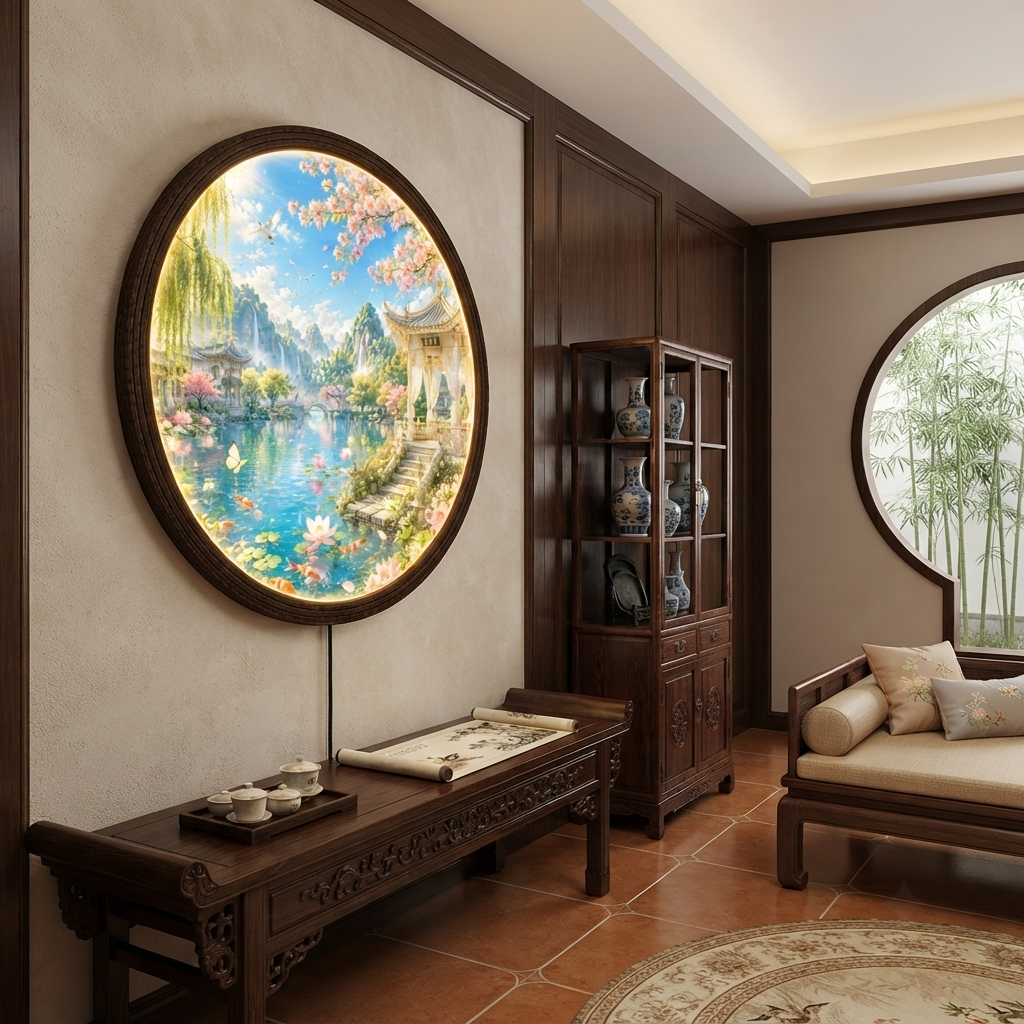 Japanese Garden LED Wall Art – Round Illuminated Landscape Wall Decor