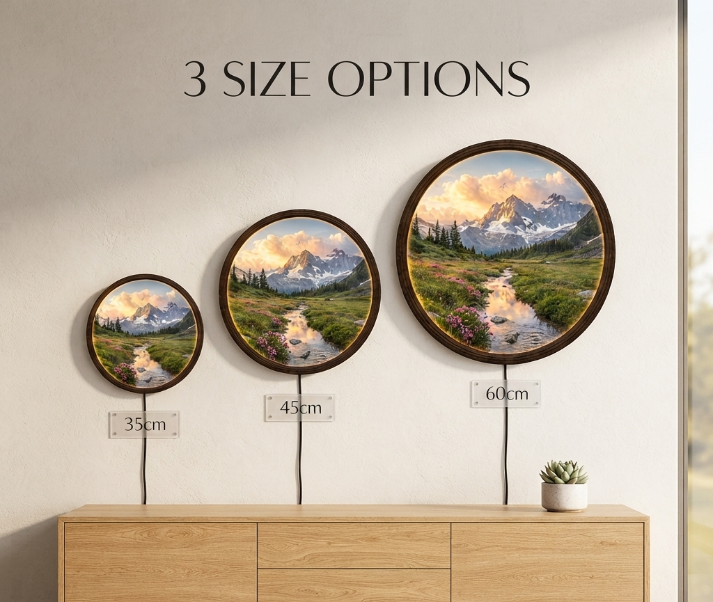 Mountain Landscape LED Wall Art – Round Illuminated Nature Wall Decor