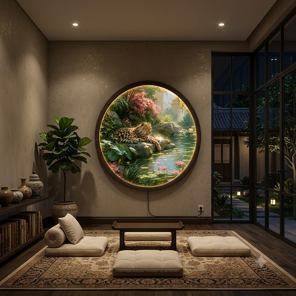 LED Illuminated Round Wall Art – Oriental Leopard & Lotus Garden Canvas Decor