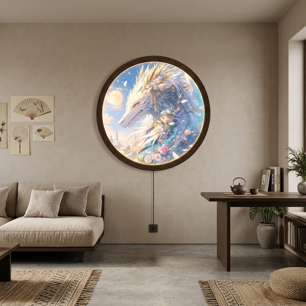 Moonlit Ice Dragon LED Wall Art, Round Fantasy Lighted Wall Decor