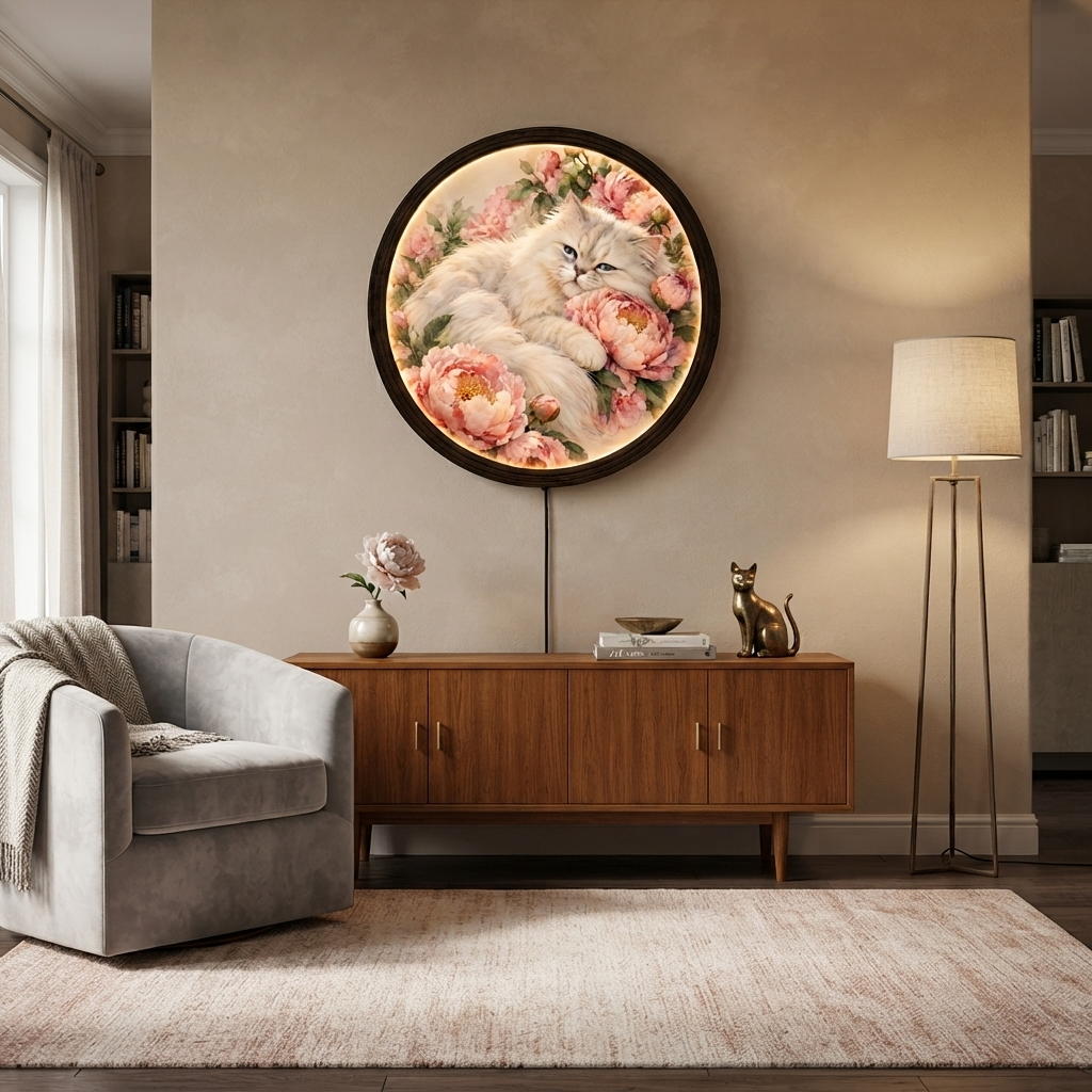 Persian Cat & Peony LED Round Wall Art – Illuminated Floral Home Decor
