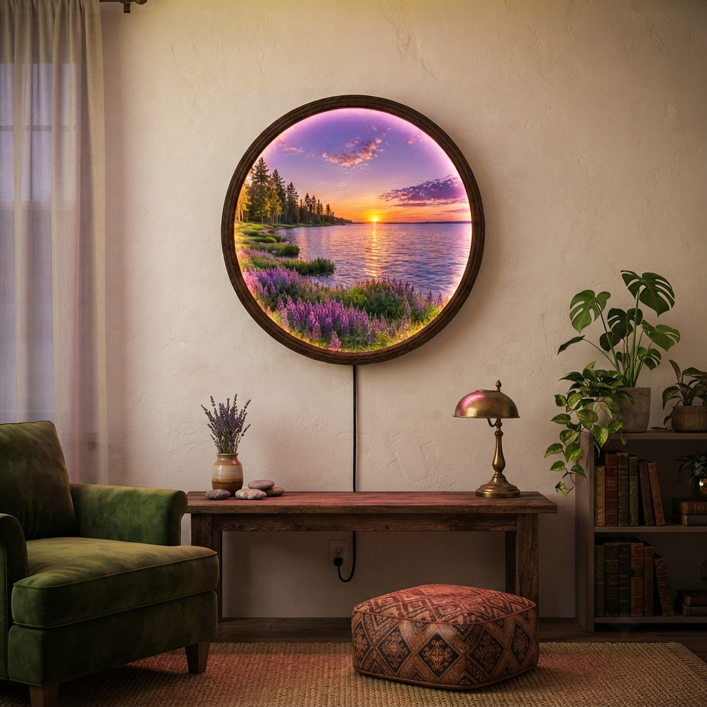 Round LED Lake Sunset Wall Art – Illuminated Nature Wall Decor