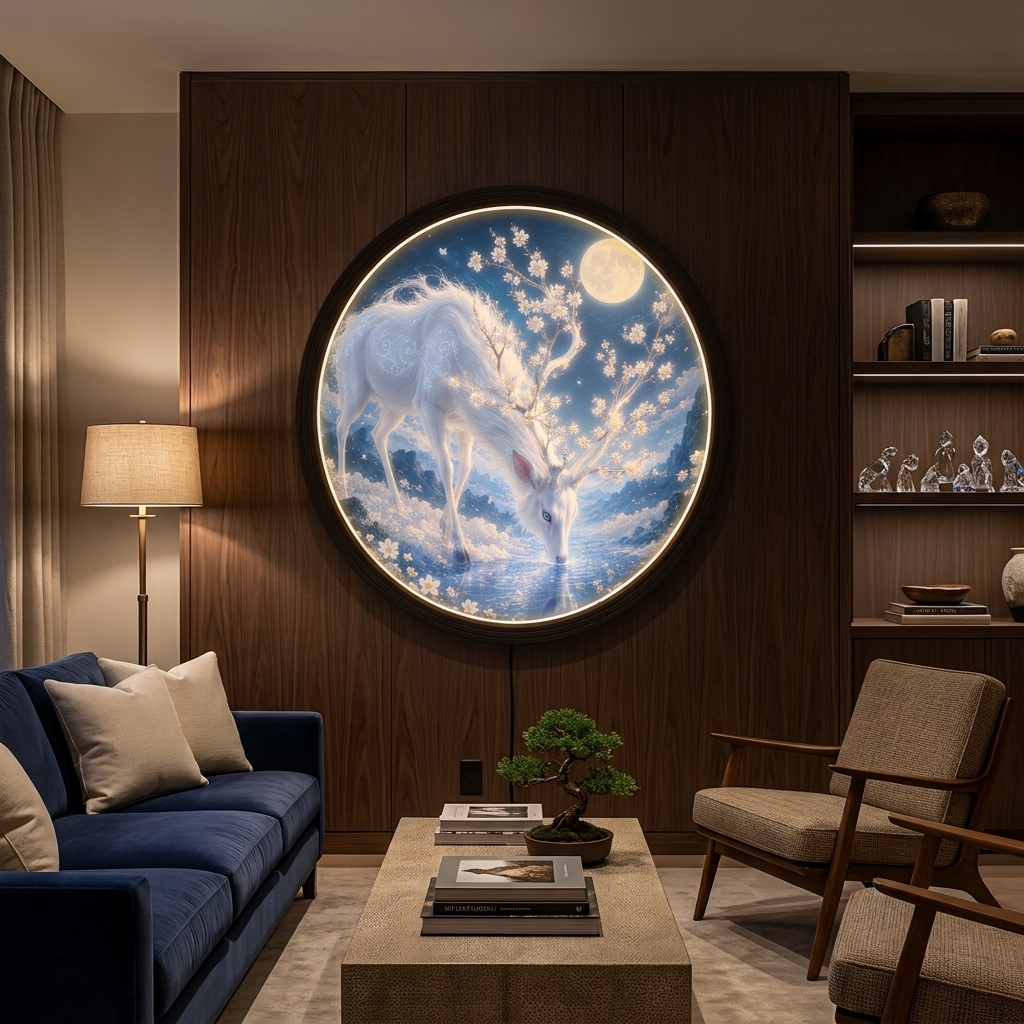 White Deer Moonlight LED Round Wall Lamp, Cherry Blossom & Moon Fantasy Wall Art, Wooden Frame Decorative Light for Bedroom and Living Room