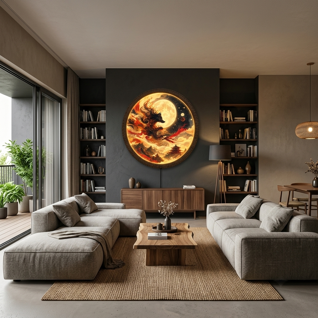 Mystical Nine-Tailed Fox Under Full Moon LED Wall Light – Illuminated Japanese Kitsune Round Wall Art Decor