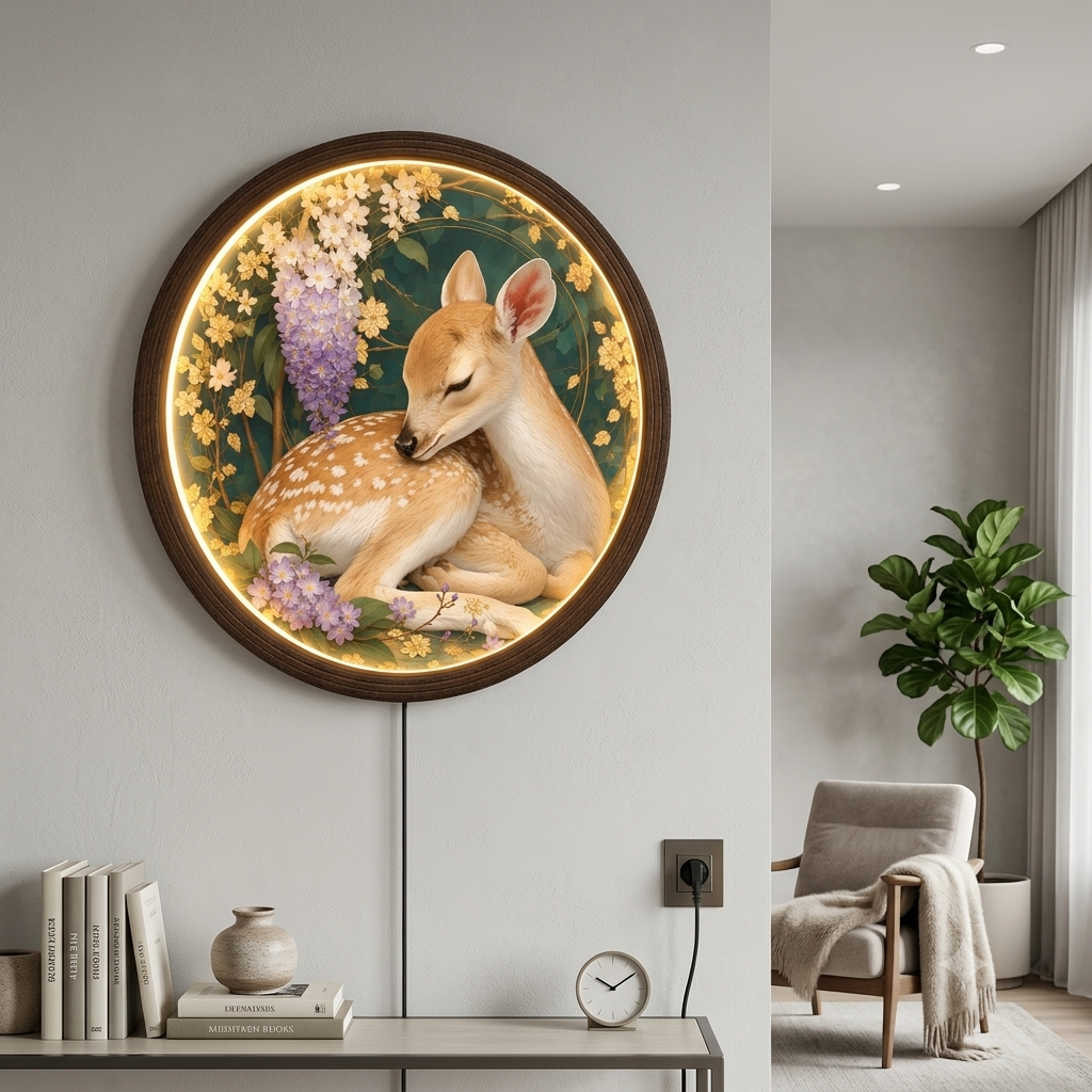 Floral Deer LED Wall Art – Round Illuminated Nature Wall Decor