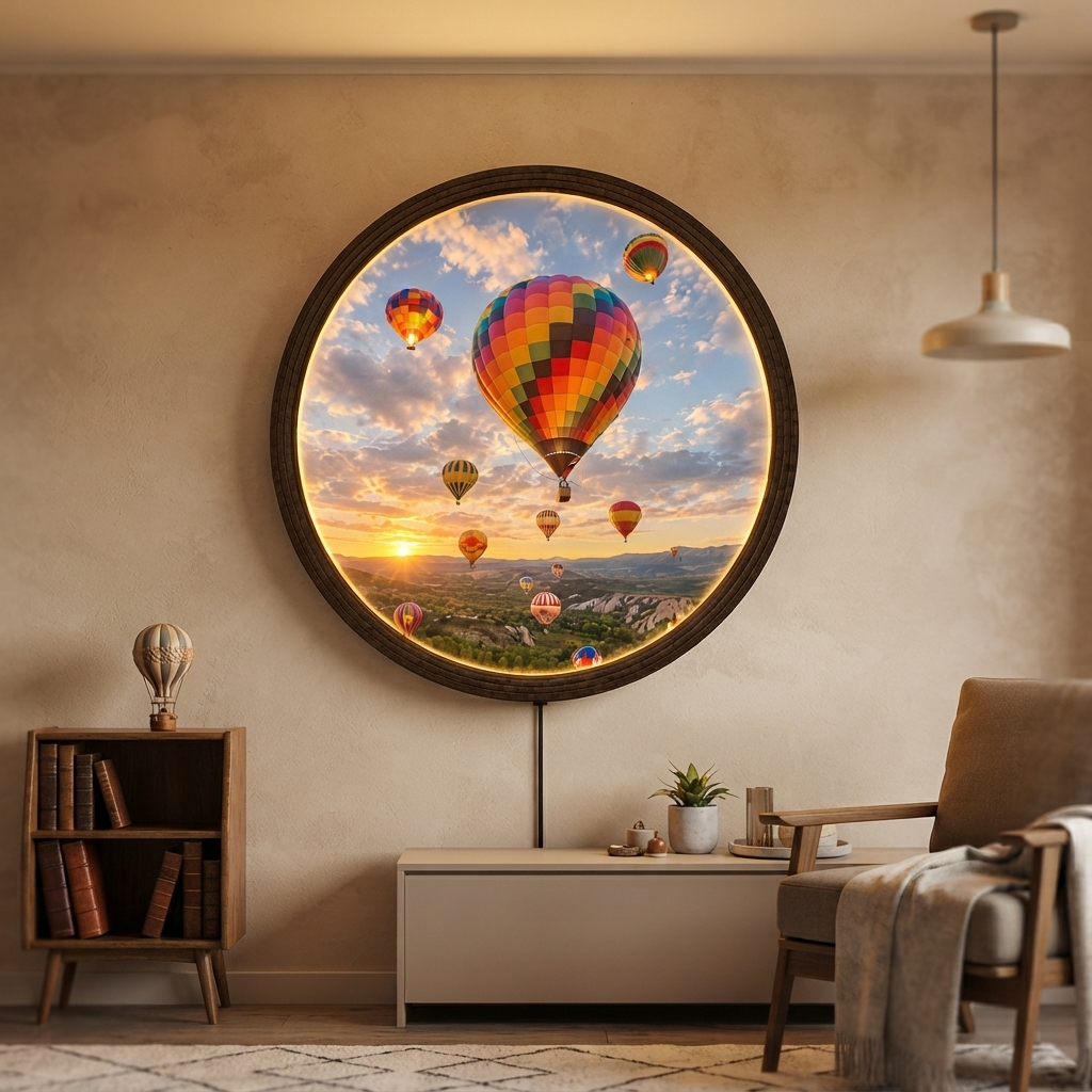 Hot Air Balloon LED Wall Art – Round Illuminated Wall Decor for Living Room